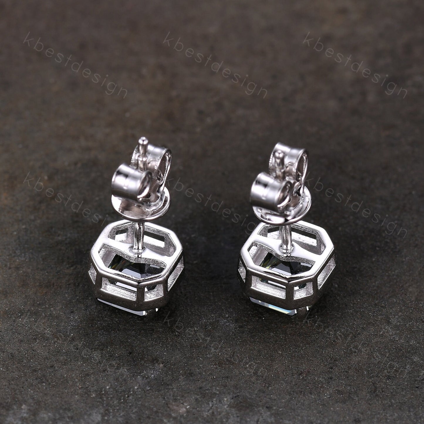 Green Moissanite Earrings / 14k Gold Moissanite Stud Earrings / Prong Setting Moissanite Studs / Asscher Moissanite Stud Earrings
