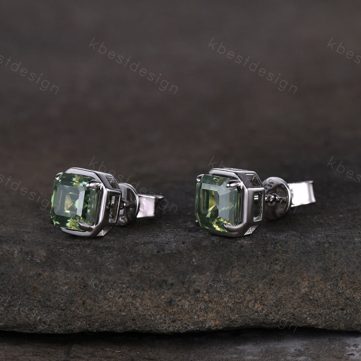 Green Moissanite Earrings / 14k Gold Moissanite Stud Earrings / Prong Setting Moissanite Studs / Asscher Moissanite Stud Earrings