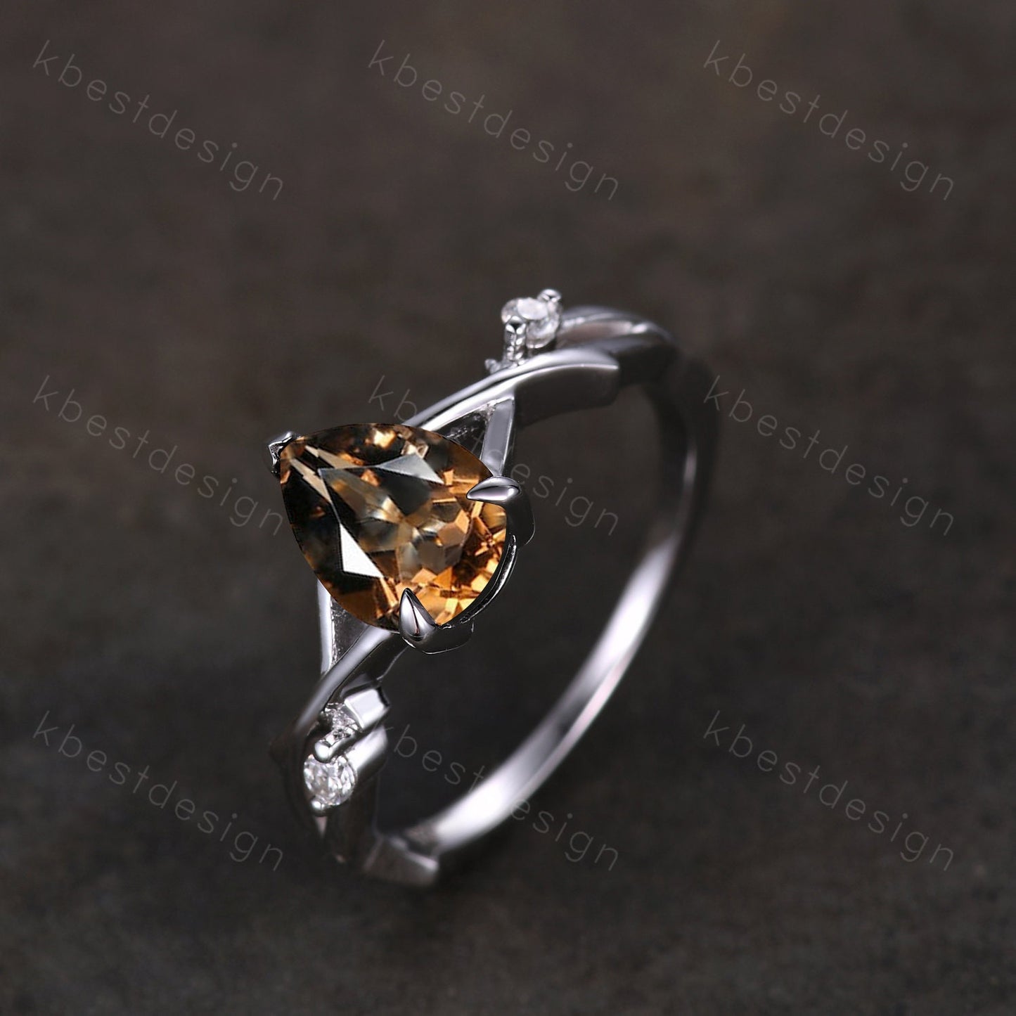 Pear cut Brown Quartz Ring Sterling Silver Smoky Quartz Engagement Ring Unique Twig Moissanite Ring Nature Inspired Ring Promise Ring