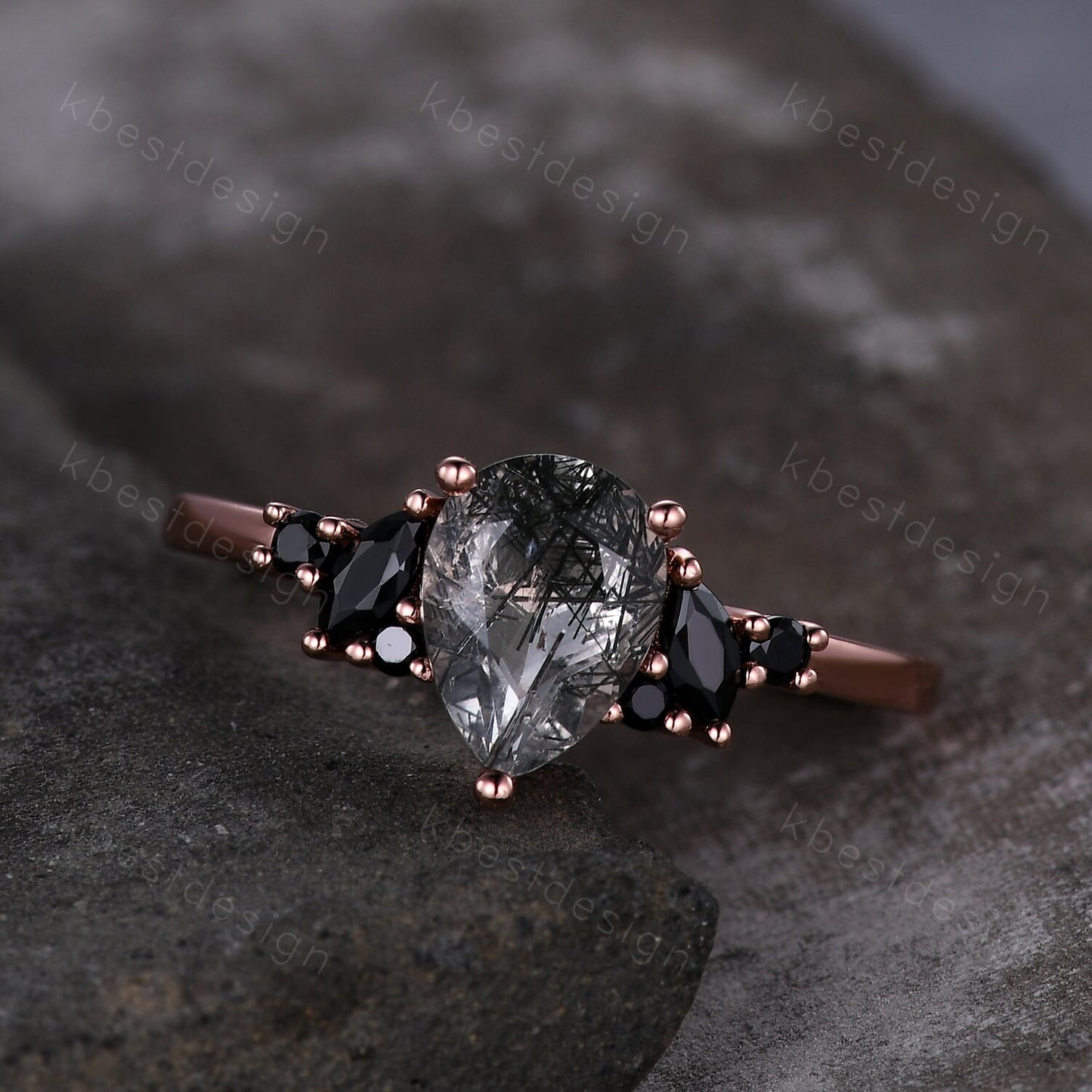 Pear Shaped Natural Black Rutilated Quartz Engagement Ring Unique Black Spinel Ring Rose Gold Marquise cut Cluster Ring Promise Ring