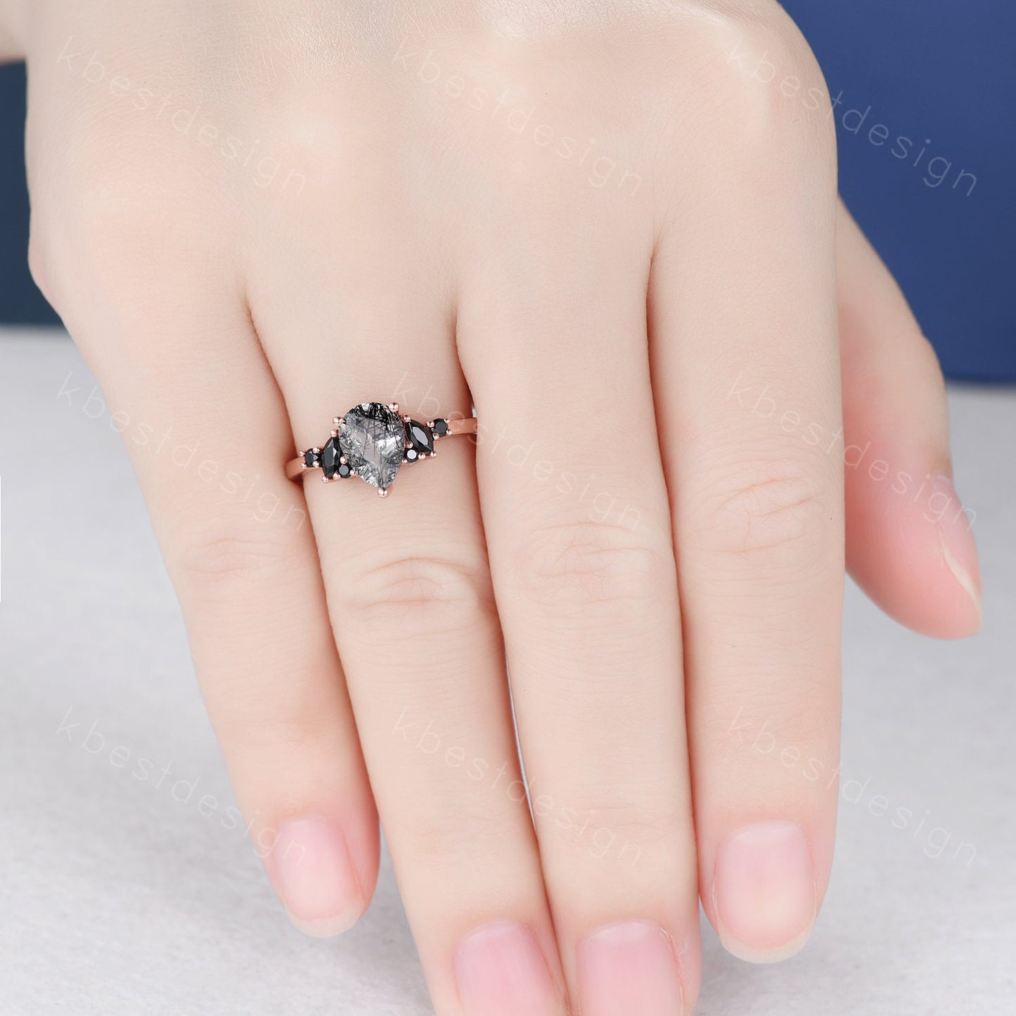 Pear Shaped Natural Black Rutilated Quartz Engagement Ring Unique Black Spinel Ring Rose Gold Marquise cut Cluster Ring Promise Ring