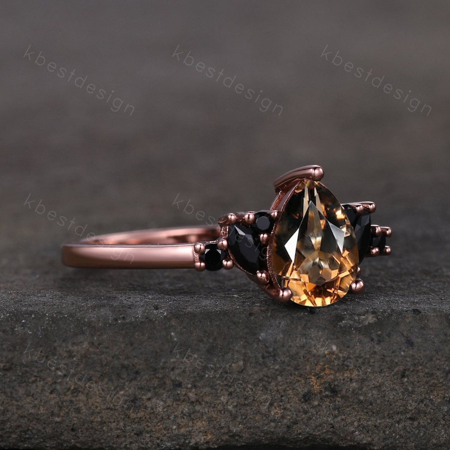 Vintage Pear Smoky Quartz engagement ring black spinel cluster Rose gold ring art deco brown quartz ring unique anniversary promise ring
