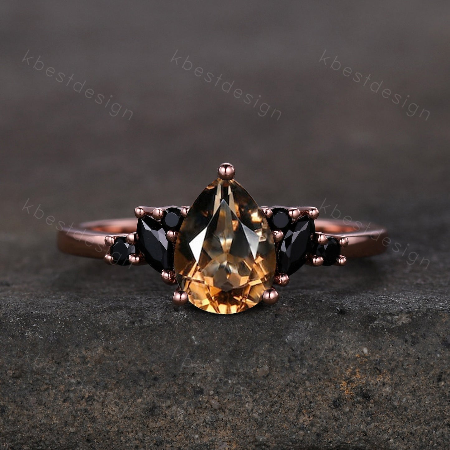 Vintage Pear Smoky Quartz engagement ring black spinel cluster Rose gold ring art deco brown quartz ring unique anniversary promise ring
