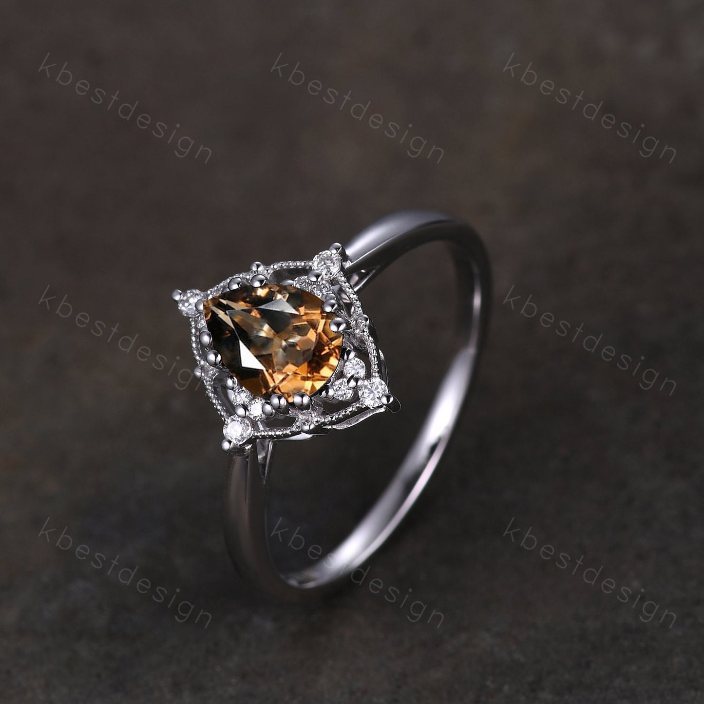 Smoky Quartz Solitaire Engagement Ring Silver Ring Pear cut Brown Quartz Ring Milgrain Art Deco Moissanite Ring Unique Bridal Promise Ring