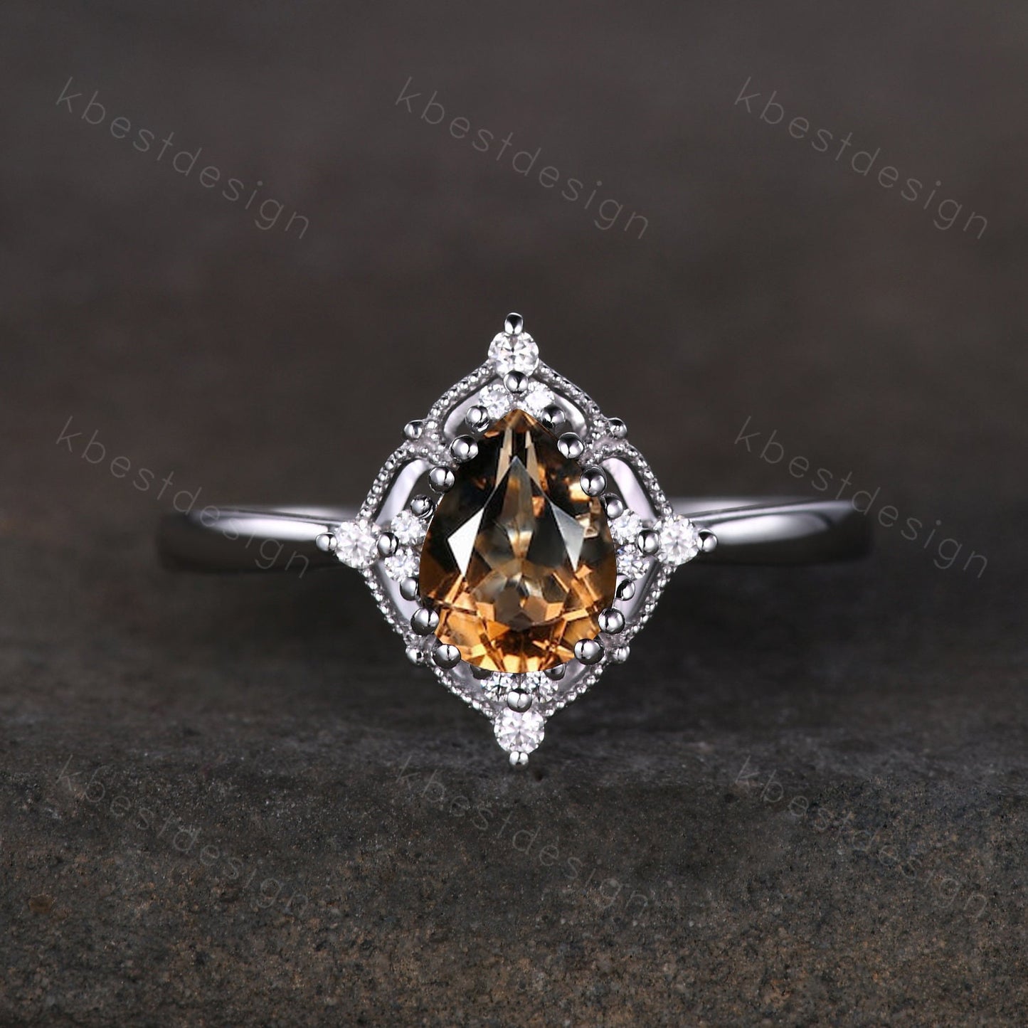 Smoky Quartz Solitaire Engagement Ring Silver Ring Pear cut Brown Quartz Ring Milgrain Art Deco Moissanite Ring Unique Bridal Promise Ring