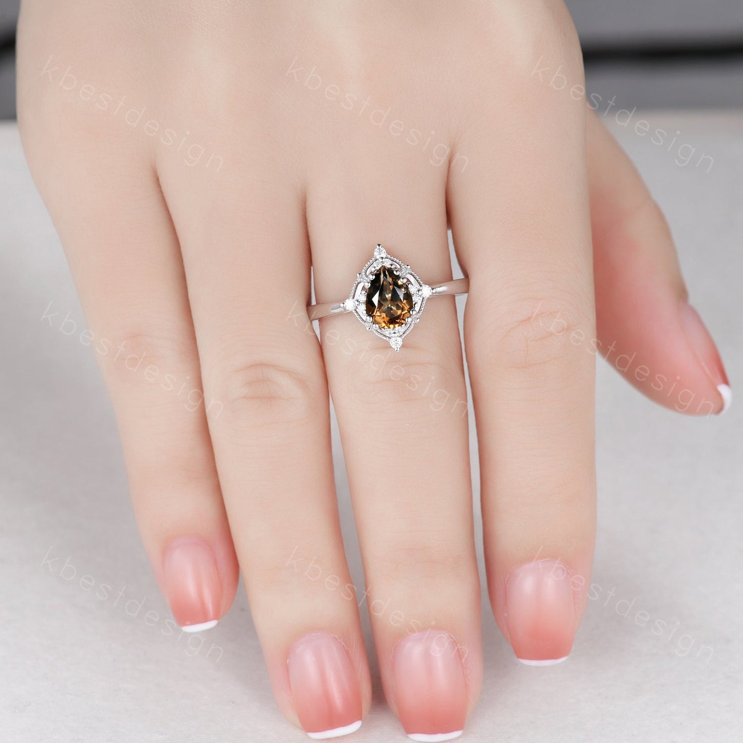 Smoky Quartz Solitaire Engagement Ring Silver Ring Pear cut Brown Quartz Ring Milgrain Art Deco Moissanite Ring Unique Bridal Promise Ring