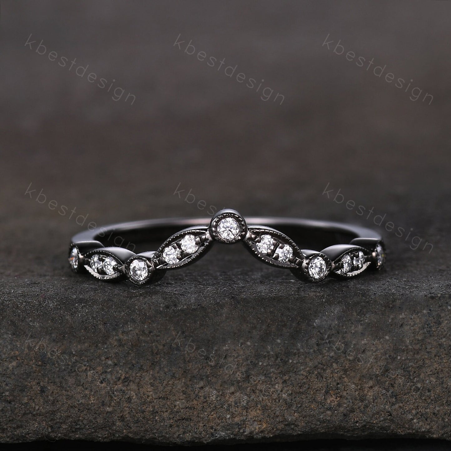 Curved Moissanite wedding band silver black gold wedding band Unique art deco stacking matching band Anniversary ring Women gift