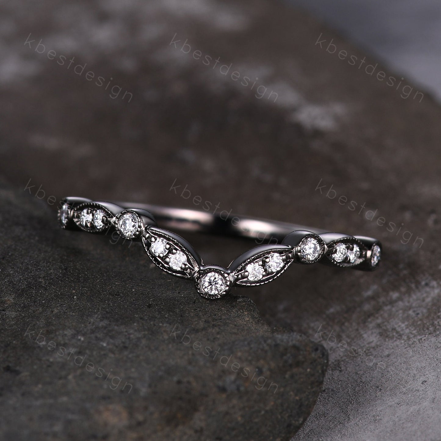 Curved Moissanite wedding band silver black gold wedding band Unique art deco stacking matching band Anniversary ring Women gift