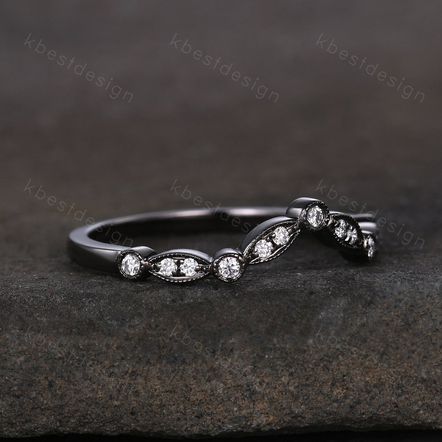 Curved Moissanite wedding band silver black gold wedding band Unique art deco stacking matching band Anniversary ring Women gift