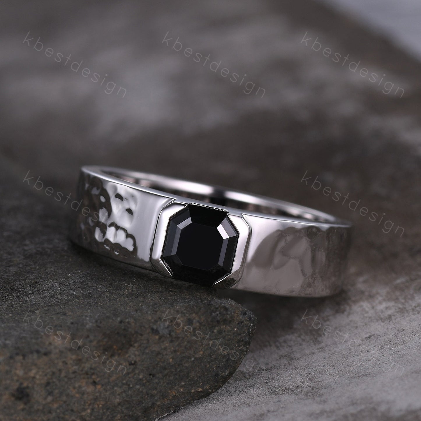 Mens Black Moissanite Wedding Band Asscher Cut Moissanite Band 5mm White Gold Ring Mens Hammered Stacking Matching Band Retro Vintage Ring