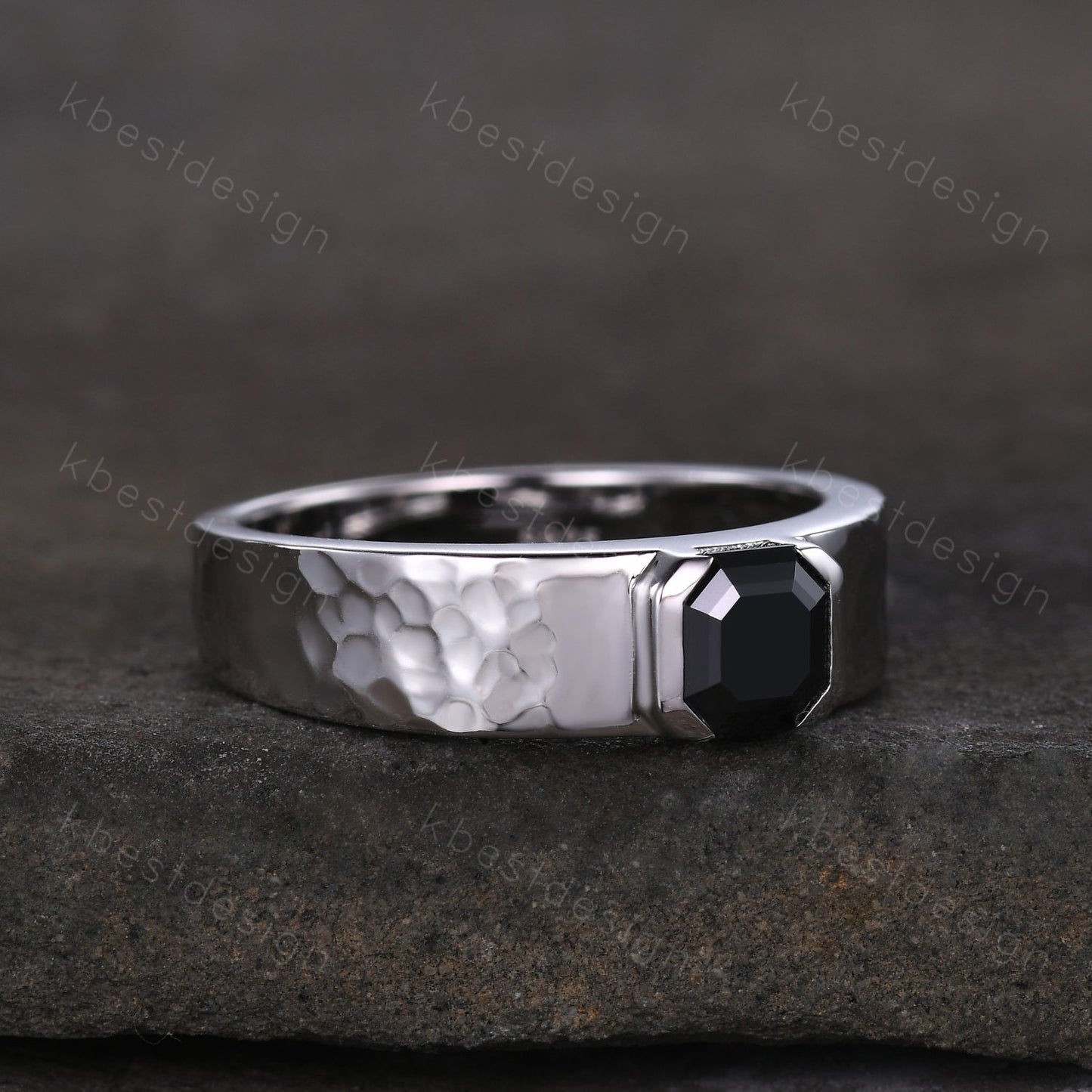 Mens Black Moissanite Wedding Band Asscher Cut Moissanite Band 5mm White Gold Ring Mens Hammered Stacking Matching Band Retro Vintage Ring