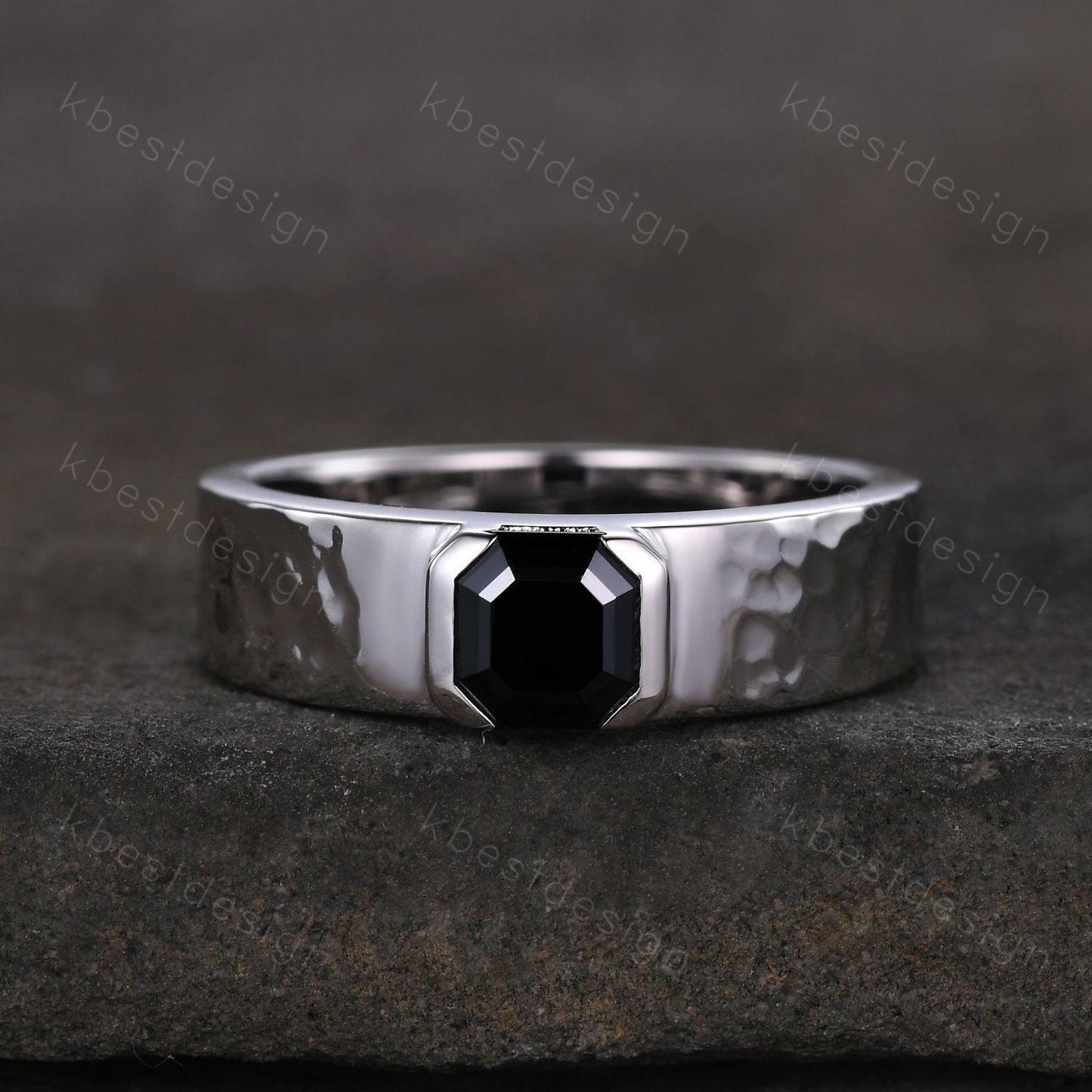 Mens Black Moissanite Wedding Band Asscher Cut Moissanite Band 5mm White Gold Ring Mens Hammered Stacking Matching Band Retro Vintage Ring