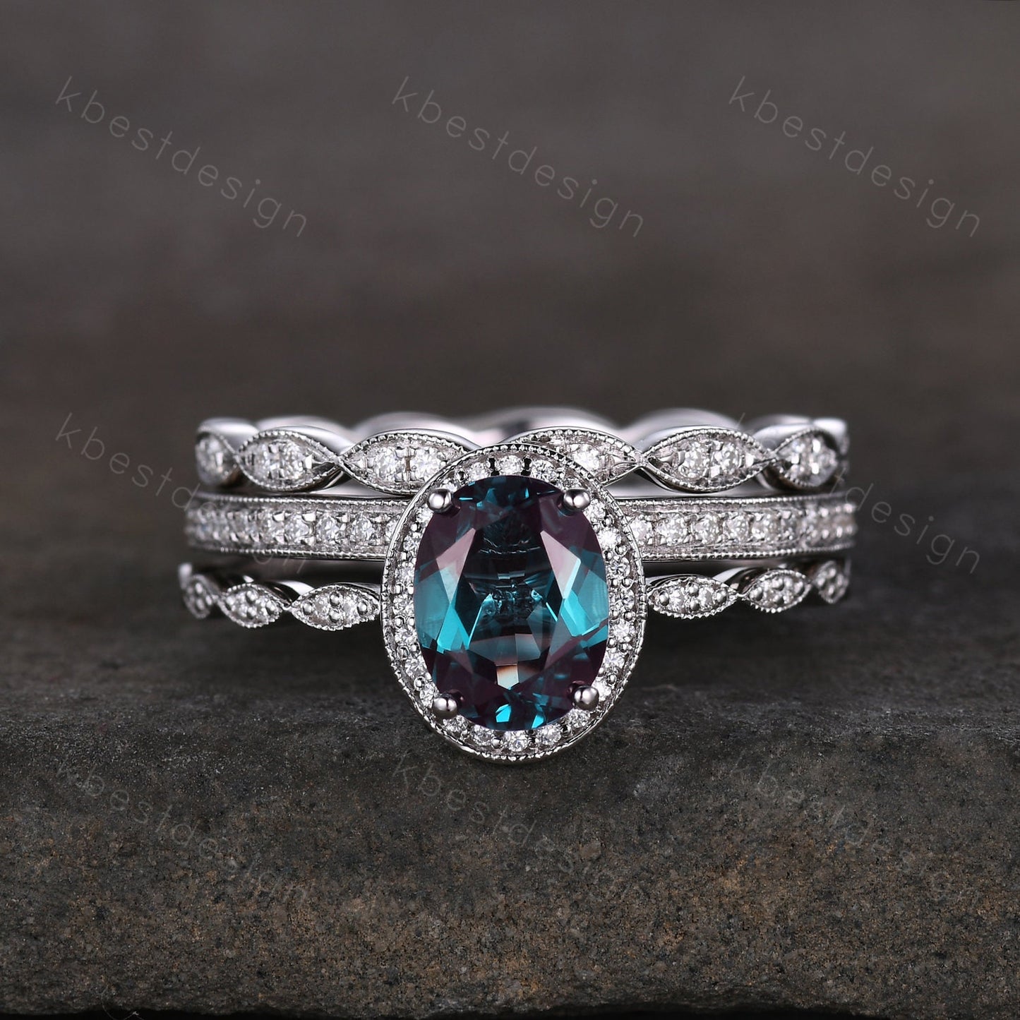 3pcs Alexandrite bridal set oval cut Alexandrite engagement ring set sterling silver vintage moissanite ring unique art deco stacking bands