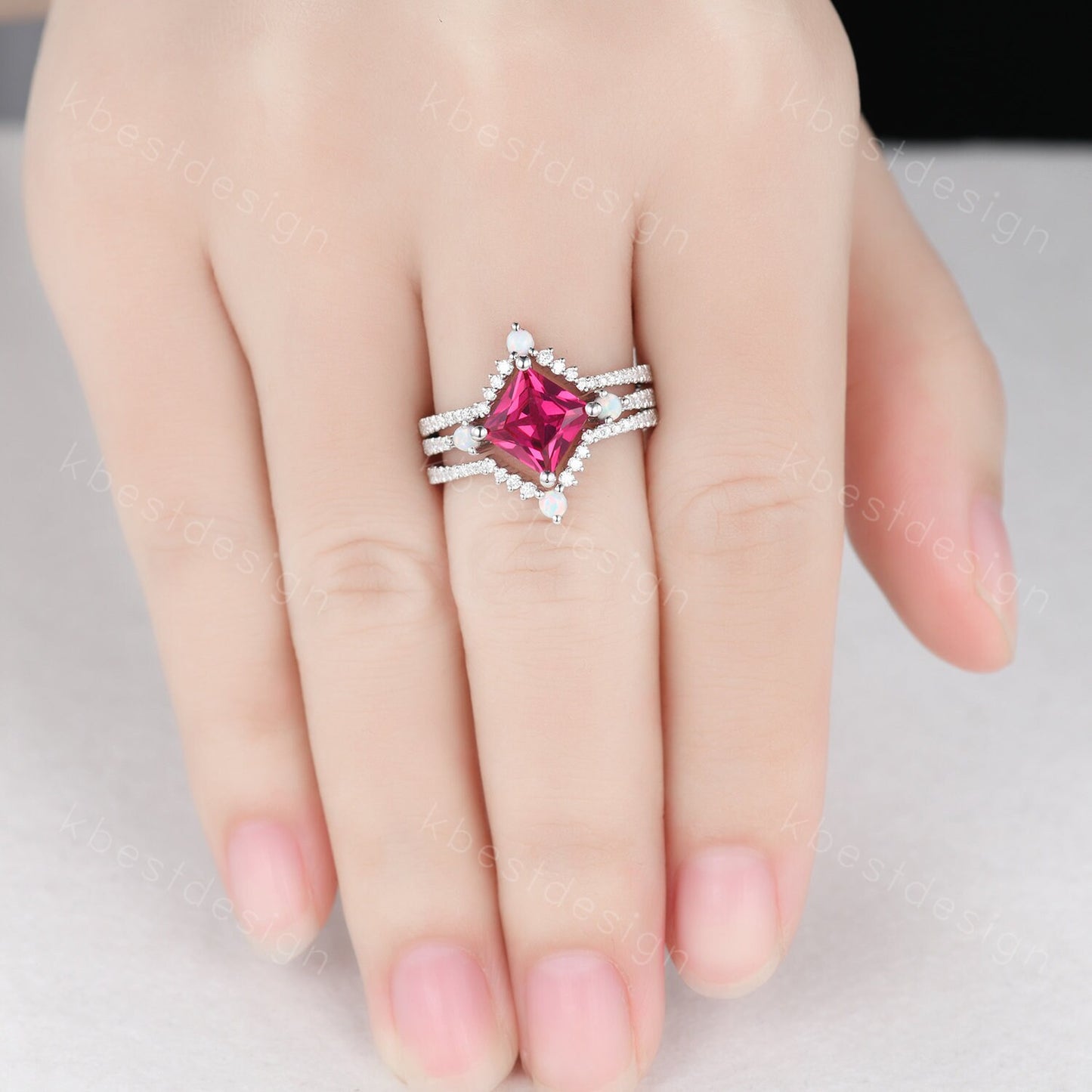 Vintage Unique princess cut Ruby engagement ring set sterling silver ring set curved opal moissanite stacking bands art deco wedding rings