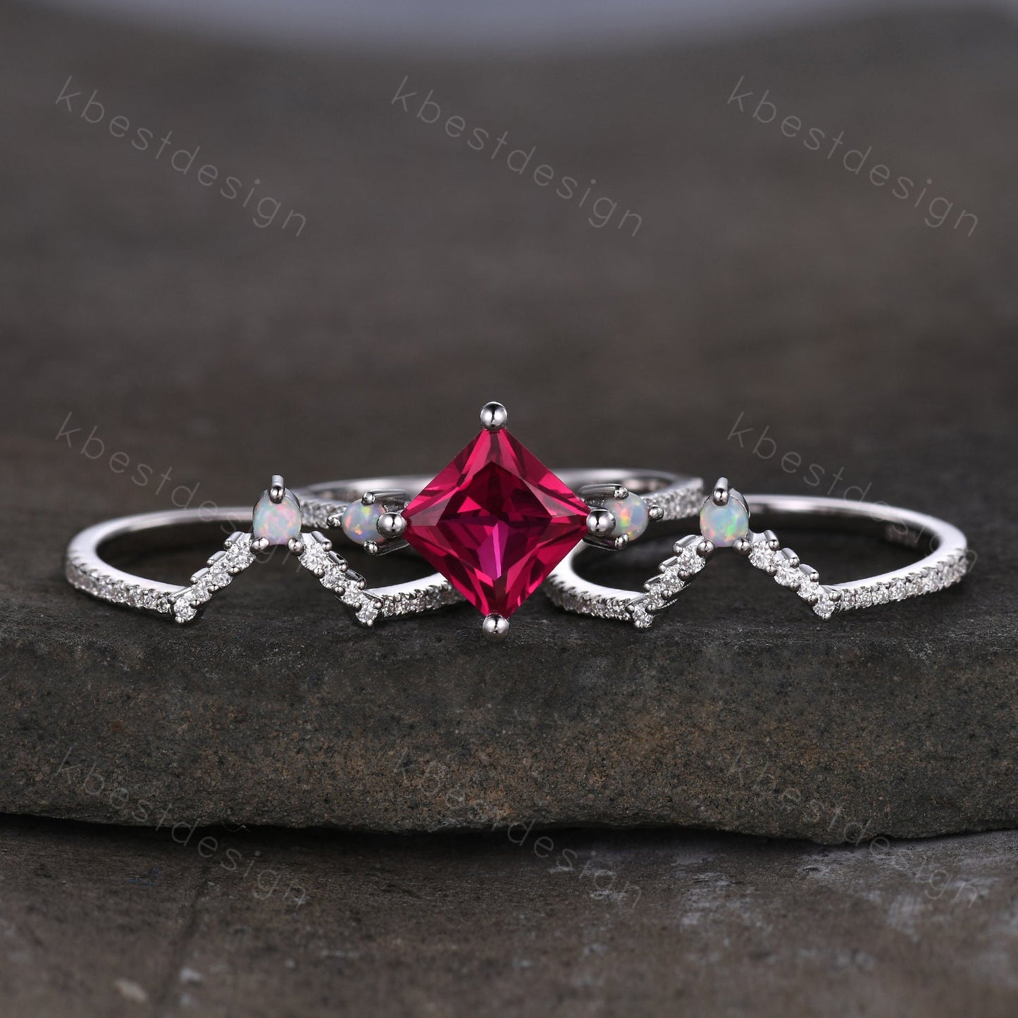 Vintage Unique princess cut Ruby engagement ring set sterling silver ring set curved opal moissanite stacking bands art deco wedding rings