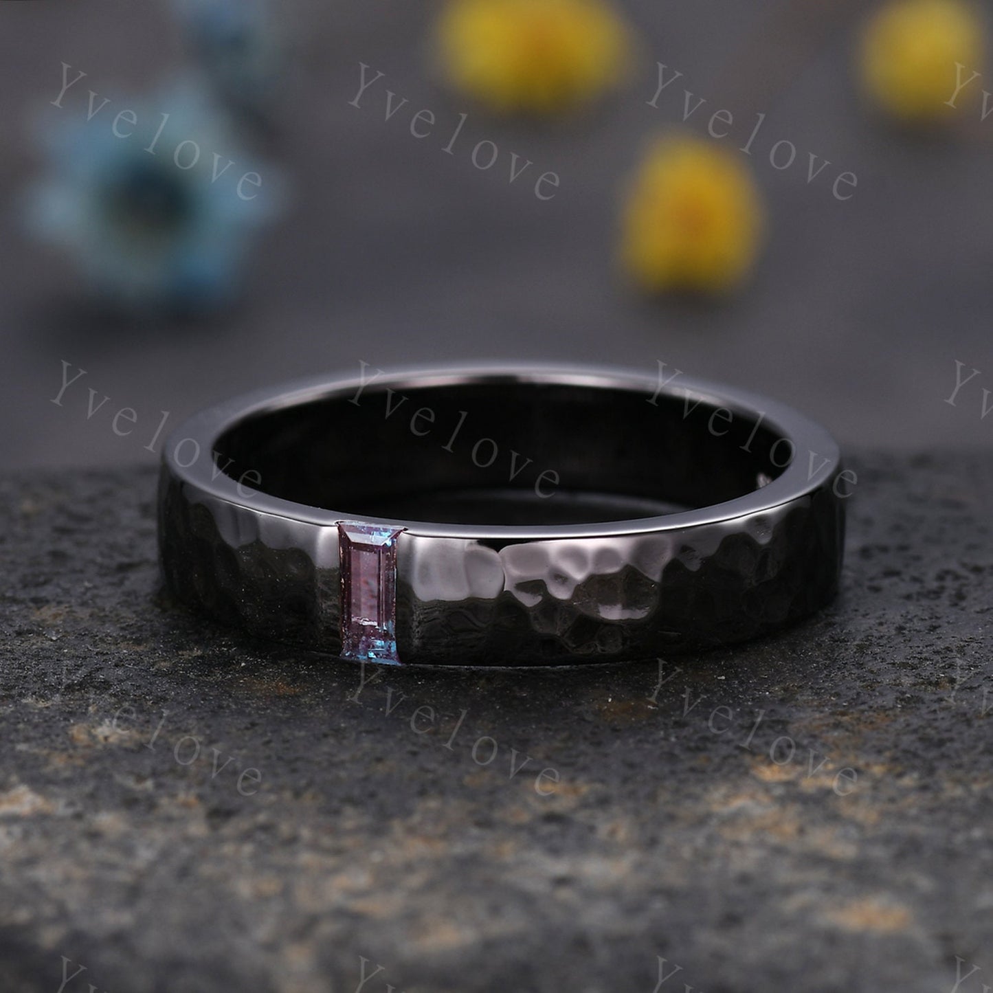 Mens Alexandrite Wedding Band Baguette Cut Alexandrite Band 5mm Solid Gold Ring Mens Hammered Stacking Matching Band Retro Vintage Ring Gift