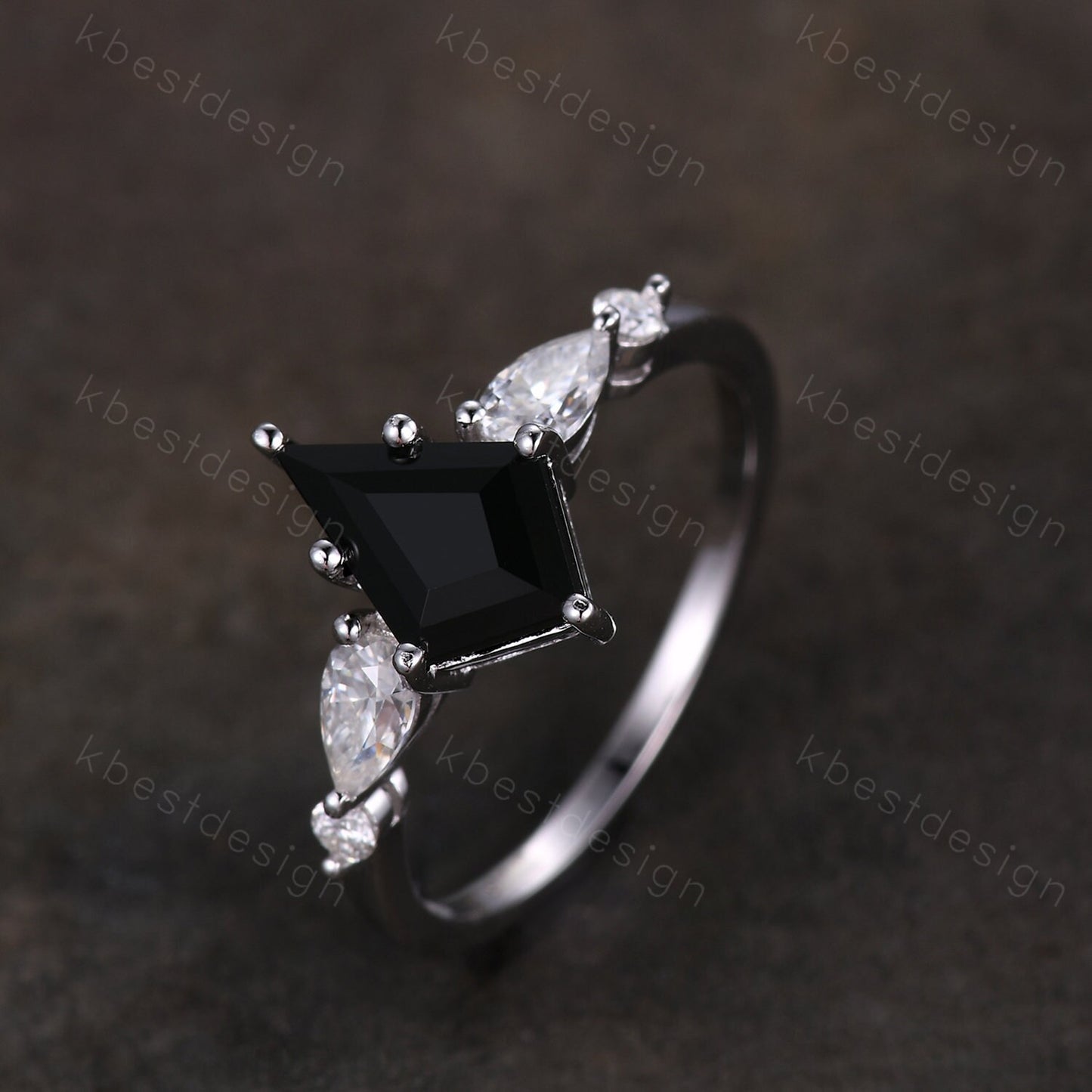 Vintage kite cut black onyx engagement ring 14k white gold pear cut moissanite ring for women unique bridal promise ring Platinum ring