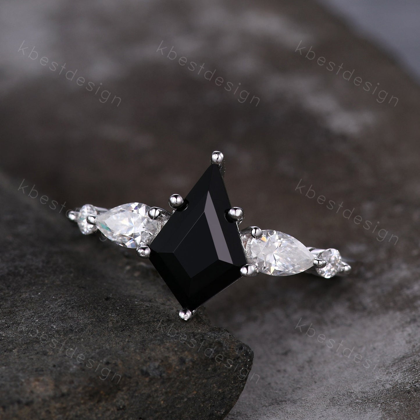 Vintage kite cut black onyx engagement ring 14k white gold pear cut moissanite ring for women unique bridal promise ring Platinum ring