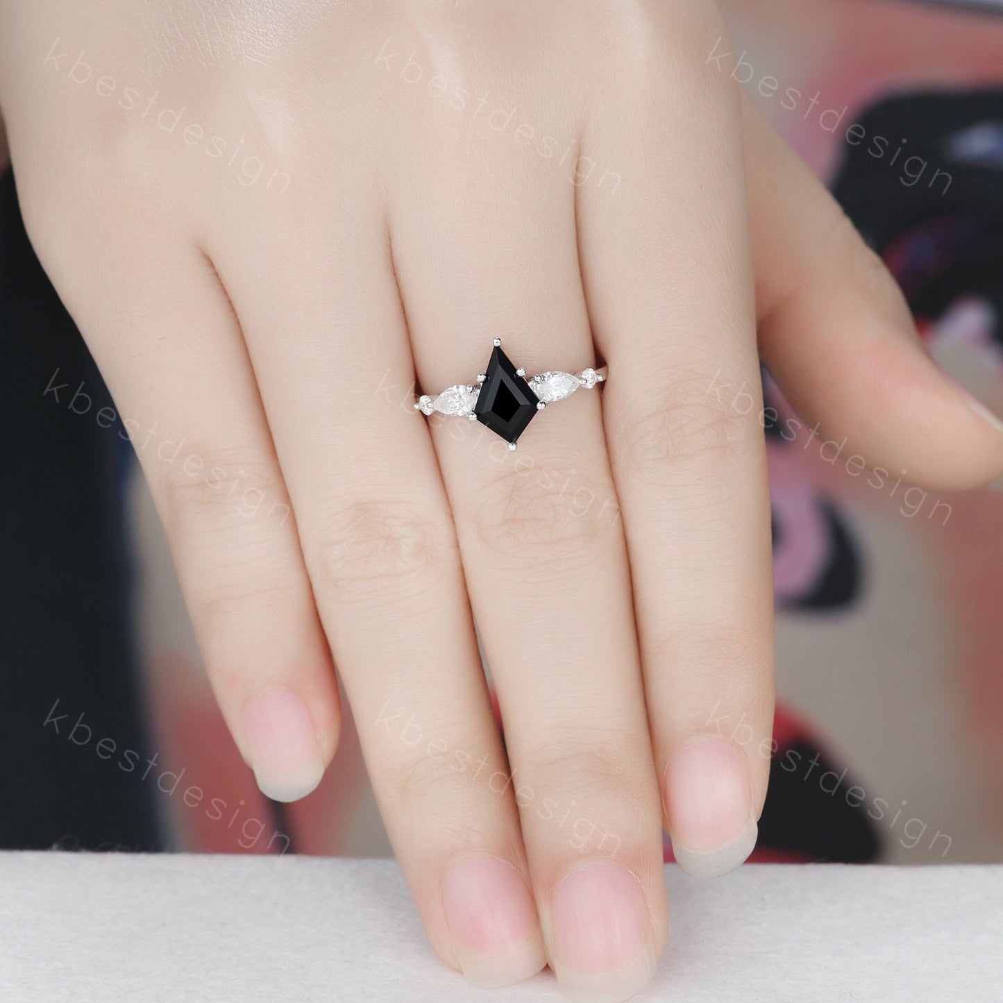 Vintage kite cut black onyx engagement ring 14k white gold pear cut moissanite ring for women unique bridal promise ring Platinum ring