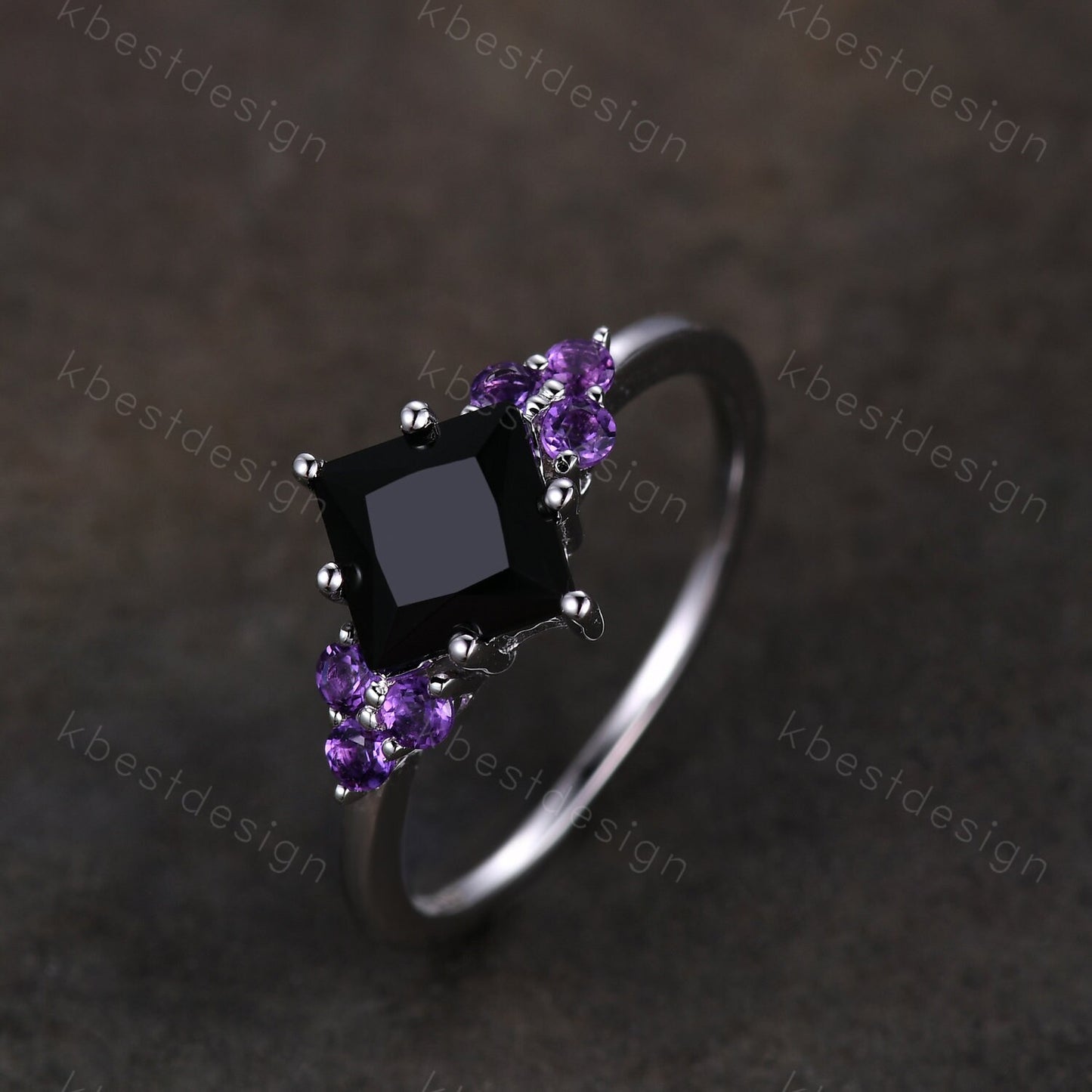 Vintage Princess cut Black onyx engagement ring women Sterling Silver Unique Cluster ring Amethyst Wedding ring Bridal anniversary gift