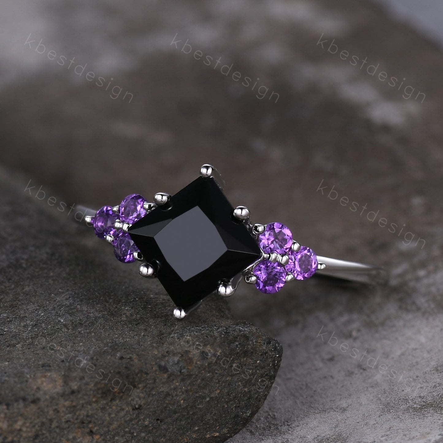 Vintage Princess cut Black onyx engagement ring women Sterling Silver Unique Cluster ring Amethyst Wedding ring Bridal anniversary gift