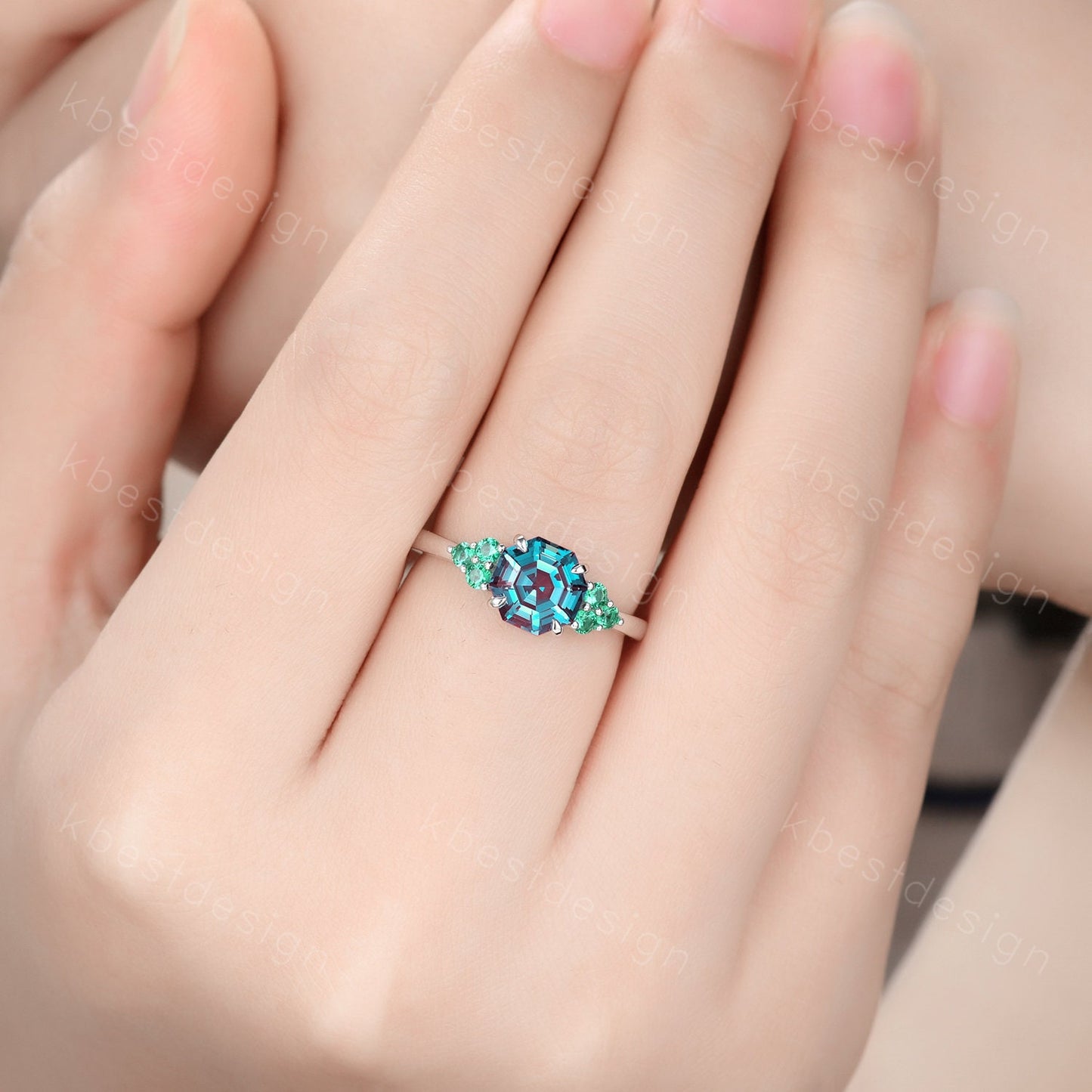 Vintage octagon cut Alexandrite engagement ring silver gold ring green emerald cluster ring unique wedding ring women anniversary ring gift