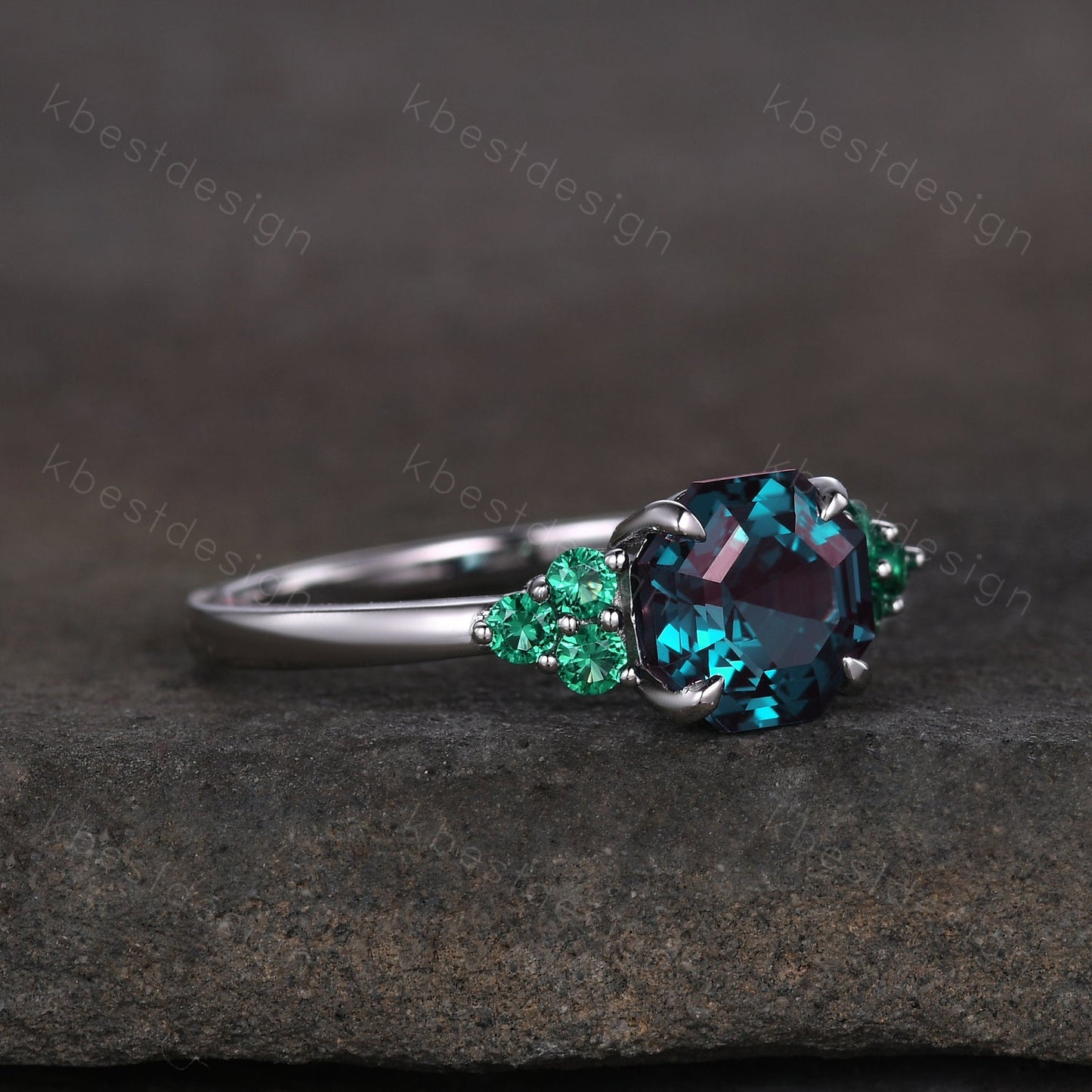 Vintage octagon cut Alexandrite engagement ring silver gold ring green emerald cluster ring unique wedding ring women anniversary ring gift