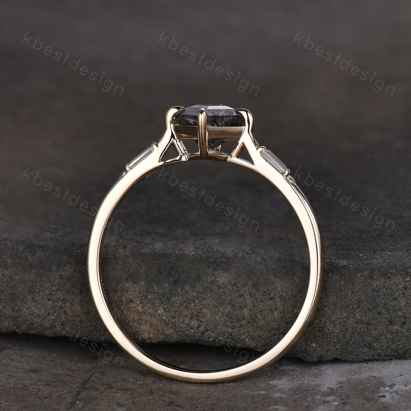 Kite cut black rutilated quartz ring 14k yellow gold ring vintage unique engagement ring three stone baguette cut moissanite ring handmade