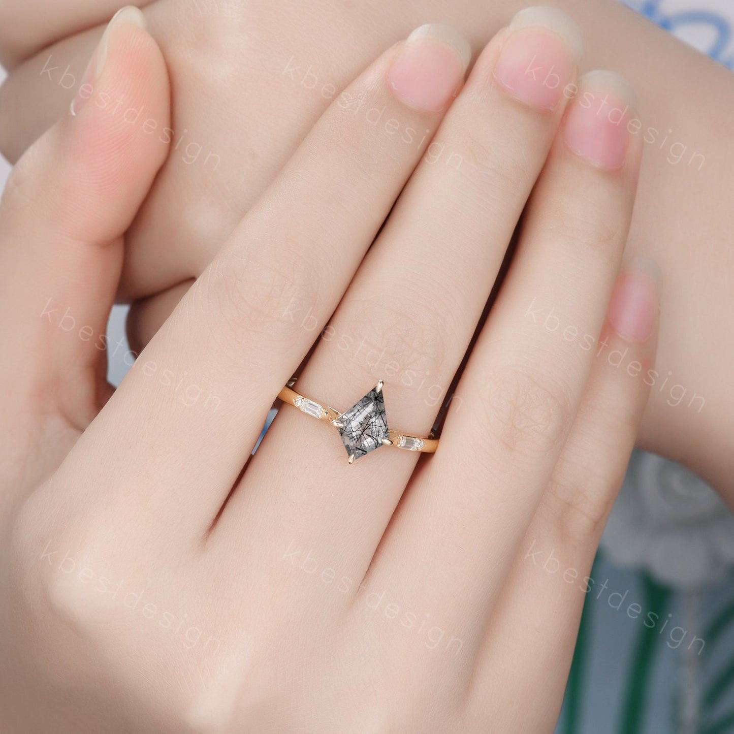 Kite cut black rutilated quartz ring 14k yellow gold ring vintage unique engagement ring three stone baguette cut moissanite ring handmade