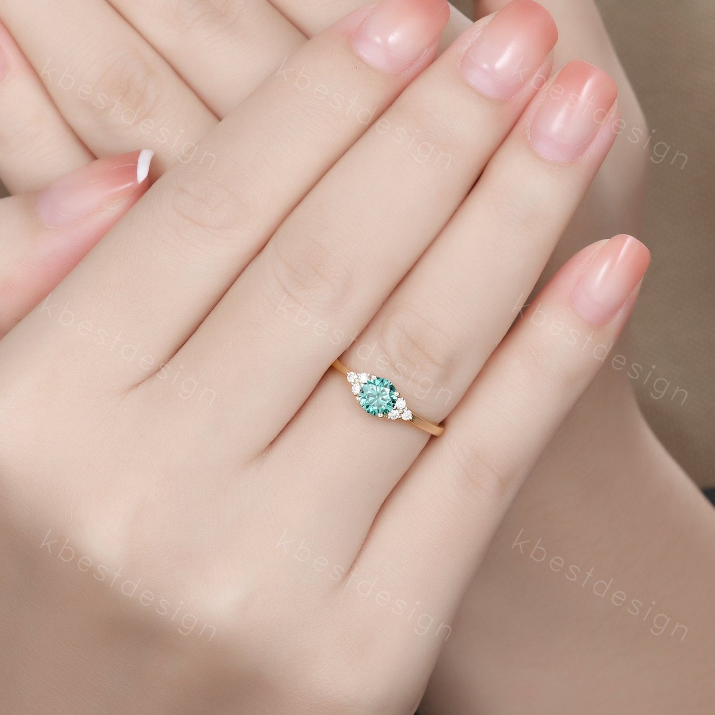 Round Green Moissanite engagement ring vintage unique Cluster yellow gold engagement ring women wedding Bridal art deco Anniversary ring