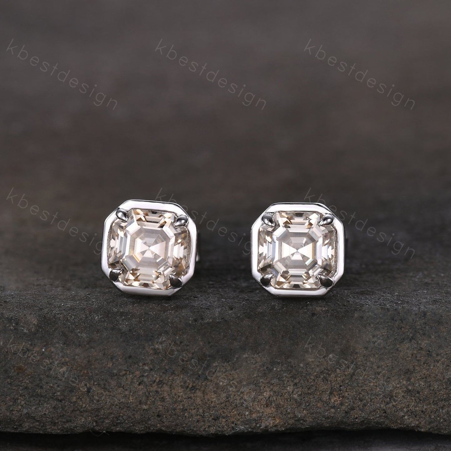 Champagne Moissanite Earrings, Studs for women, Silver Stud earrings, Asscher Moissanite Studs, Anniversary Gift, Everyday Jewelry