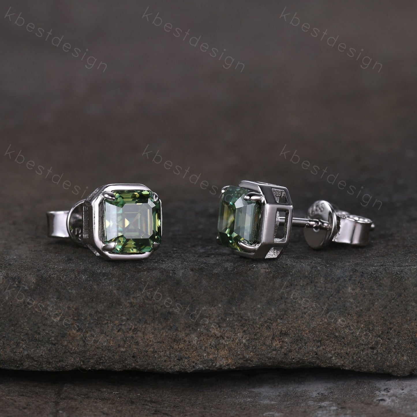 Green Moissanite Earrings / 14k Gold Moissanite Stud Earrings / Prong Setting Moissanite Studs / Asscher Moissanite Stud Earrings