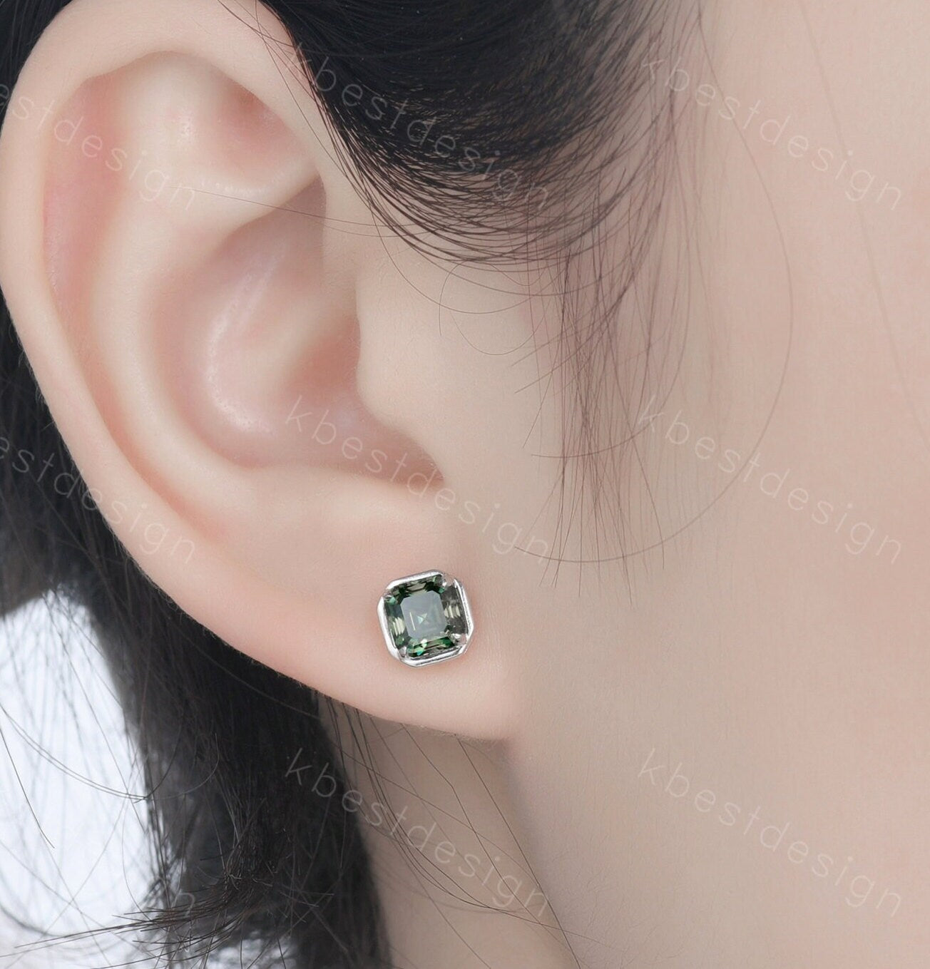 Green Moissanite Earrings / 14k Gold Moissanite Stud Earrings / Prong Setting Moissanite Studs / Asscher Moissanite Stud Earrings