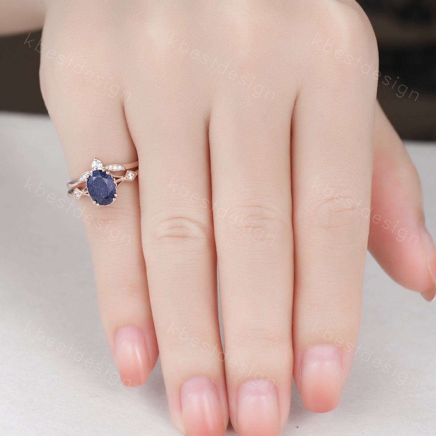 Vintage Blue Sandstone Engagement Ring Set Oval cut Engagement Ring Unique Art Deco Moissanite Stacking Matching Band Bridal Promise Set