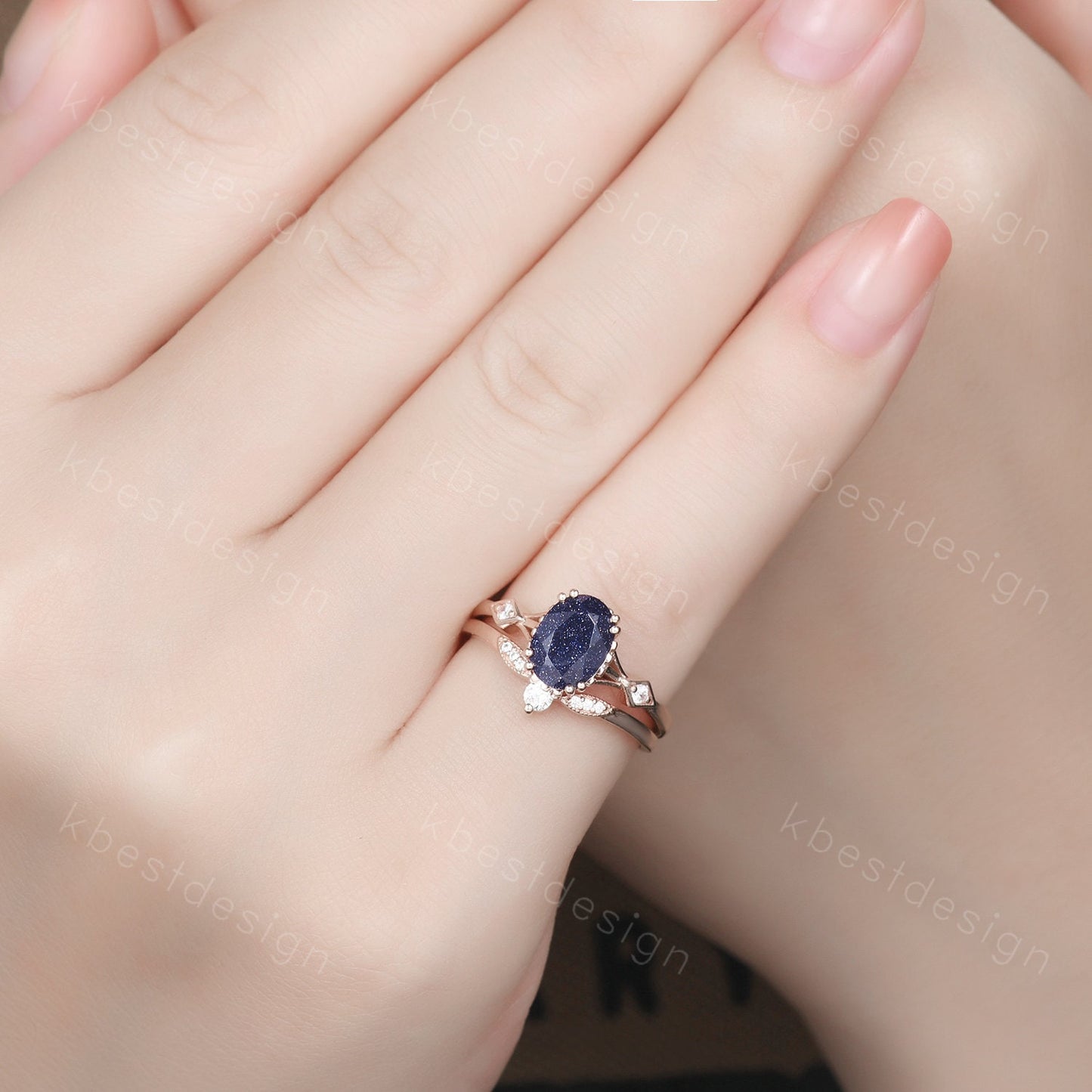 Vintage Blue Sandstone Engagement Ring Set Oval cut Engagement Ring Unique Art Deco Moissanite Stacking Matching Band Bridal Promise Set