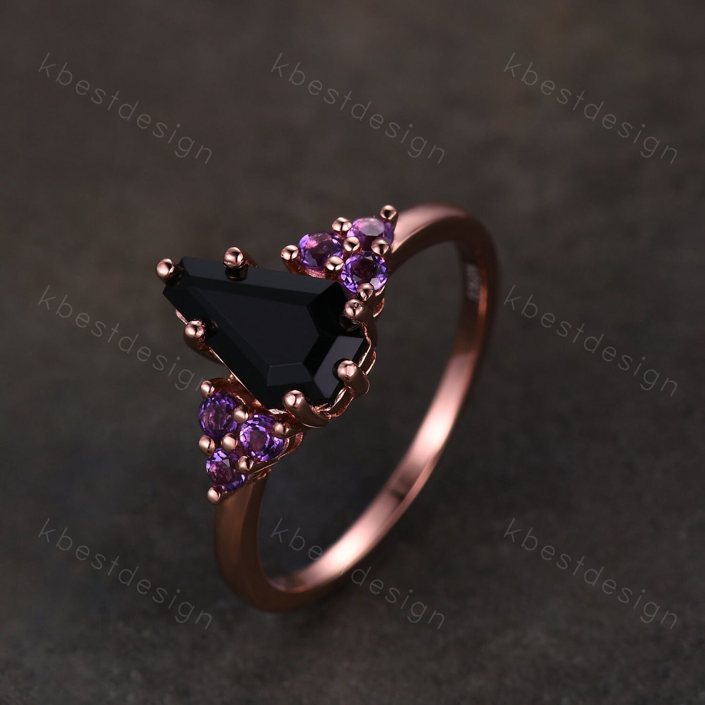 Black Onyx Engagement Ring Rose gold ring Vintage coffin shaped ring Unique Amethyst cluster wedding ring Promise anniversary ring