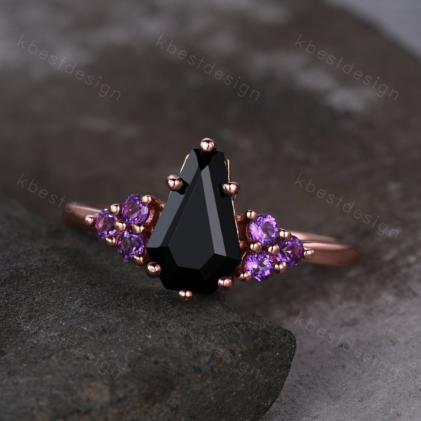 Black Onyx Engagement Ring Rose gold ring Vintage coffin shaped ring Unique Amethyst cluster wedding ring Promise anniversary ring