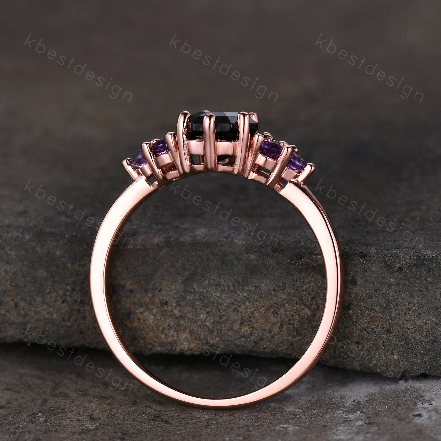 Black Onyx Engagement Ring Rose gold ring Vintage coffin shaped ring Unique Amethyst cluster wedding ring Promise anniversary ring