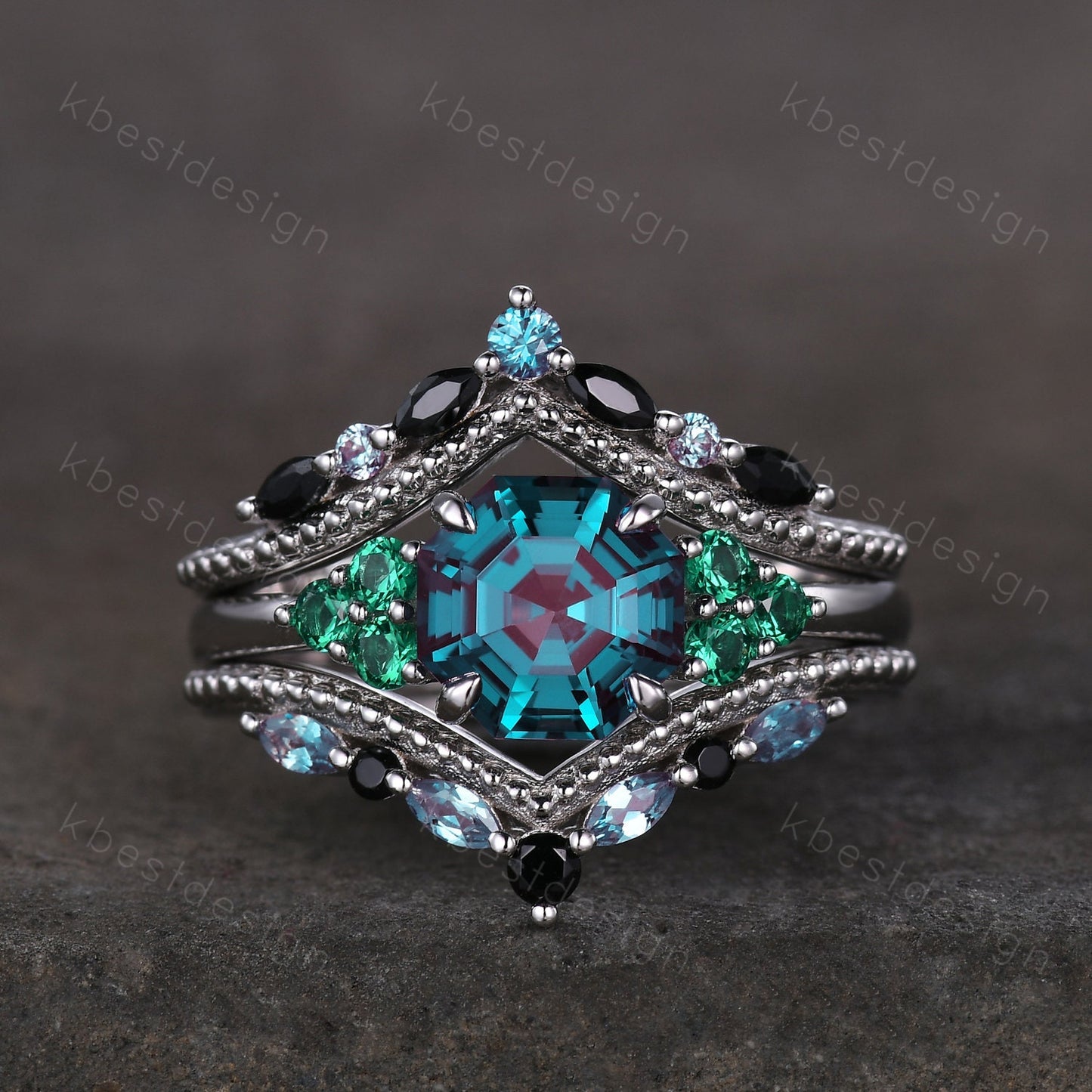 Antique Alexandrite Engagement Ring Set Asscher cut Engagement Ring Unique Art Deco Black Spinel Stacking Matching Band Bridal Promise Set