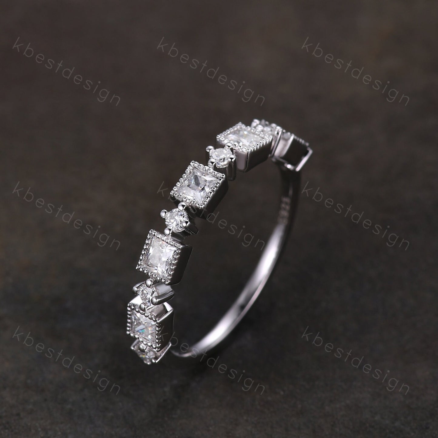 Princess cut Moissanite Wedding Band Unique Half Eternity Stacking Band Silver Moissanite Ring Women Matching Band Promise Anniversary Ring