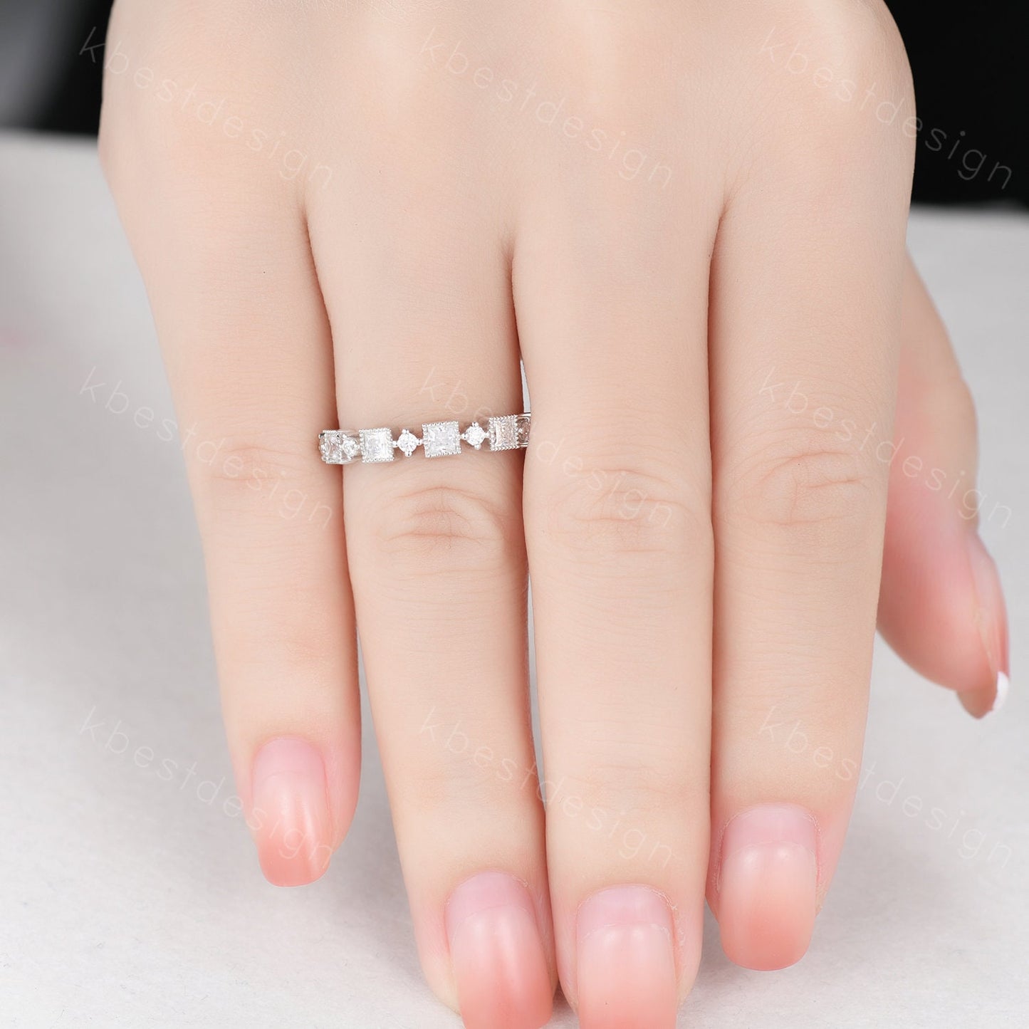 Princess cut Moissanite Wedding Band Unique Half Eternity Stacking Band Silver Moissanite Ring Women Matching Band Promise Anniversary Ring