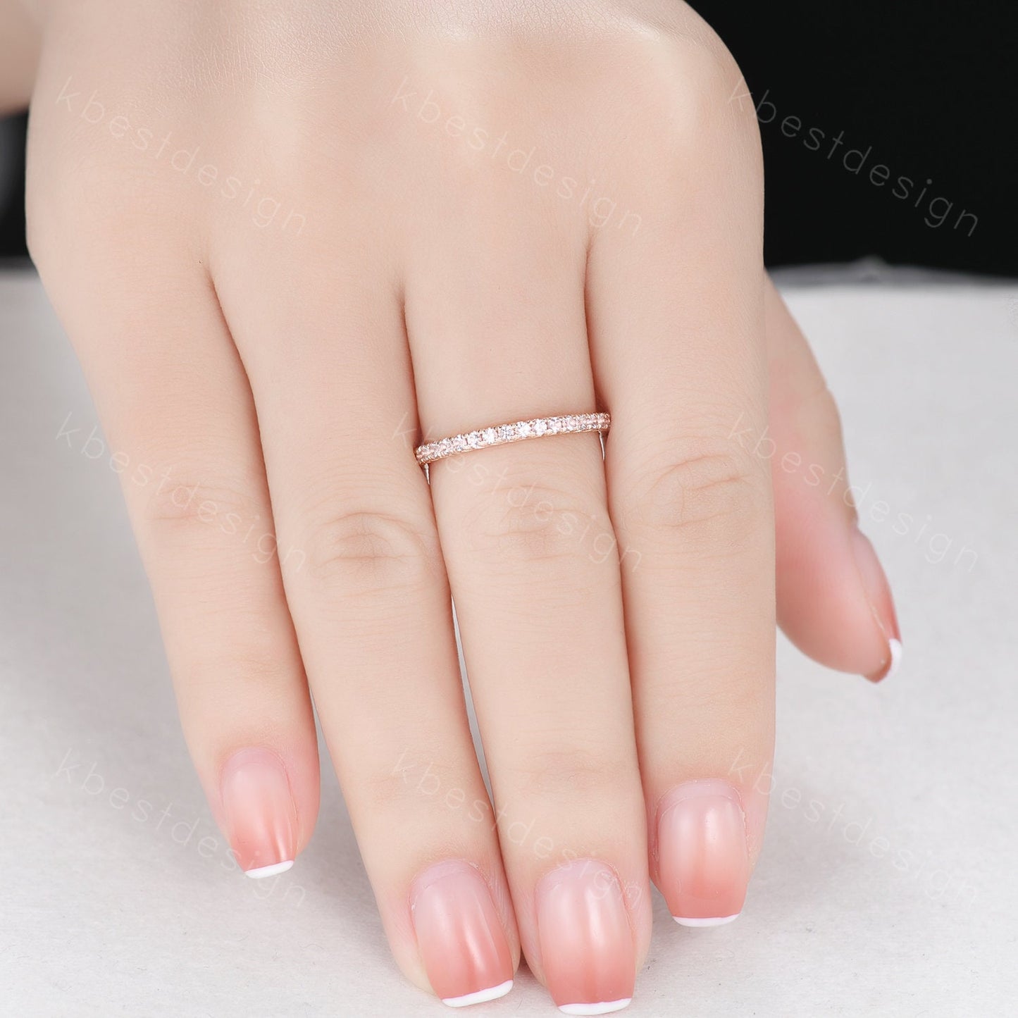 1.5mm Pink Morganite Wedding Band Delicate Rose Gold Eternity Band Mirco Pave Band for Women Minimalist Bridal Matching Stackable band