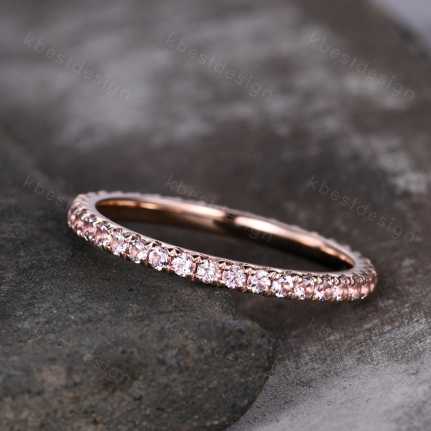 1.5mm Pink Morganite Wedding Band Delicate Rose Gold Eternity Band Mirco Pave Band for Women Minimalist Bridal Matching Stackable band