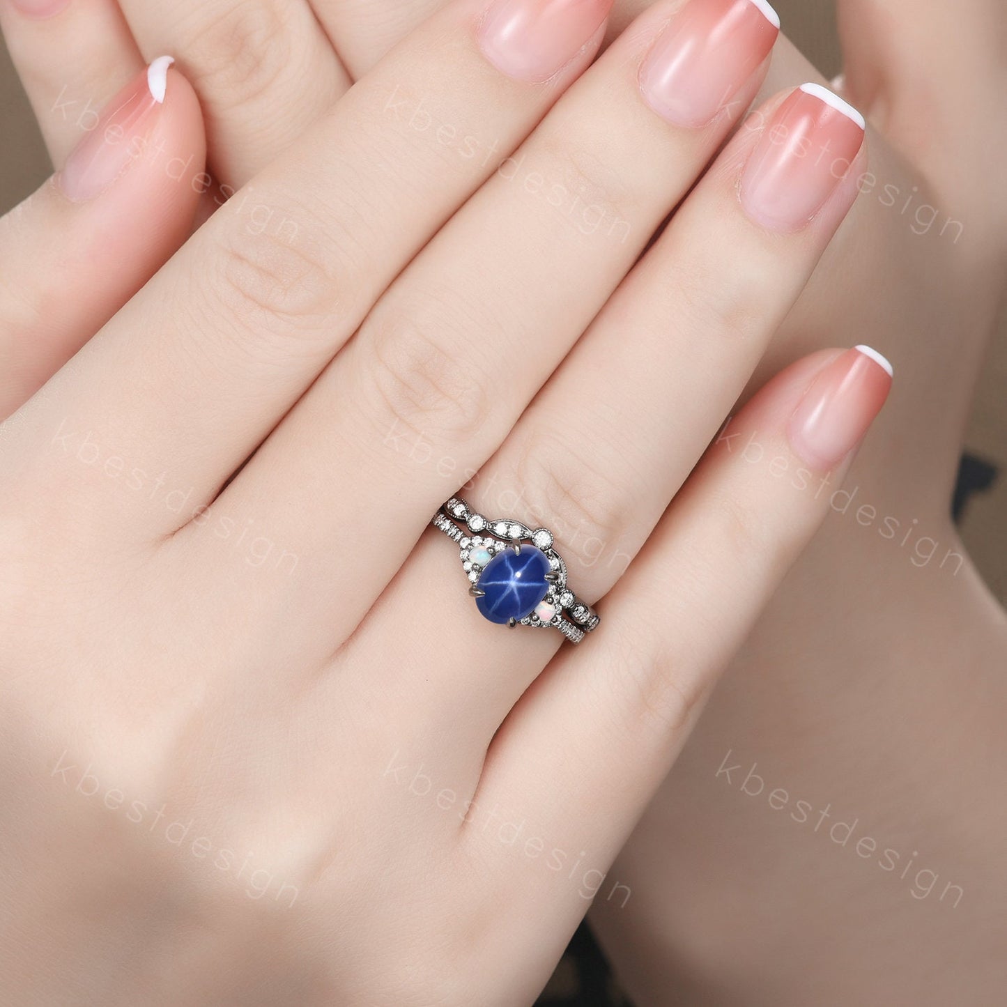 Gothic Black Gold Star Sapphire Engagement Ring Set, Black Gold Ring, Art Deco Oval Cut Bridal Set, Unique Rhodium Black Moissanite Ring