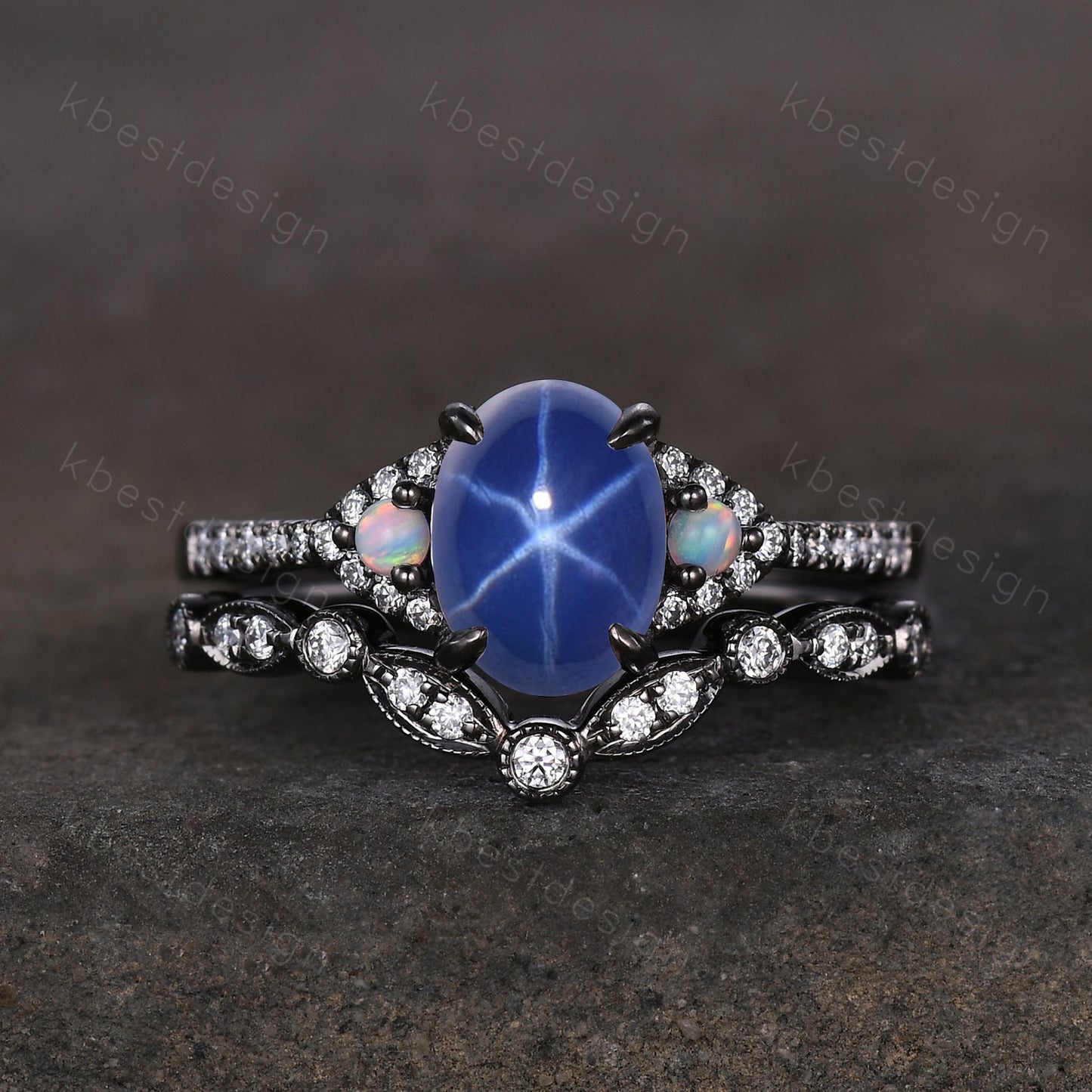 Gothic Black Gold Star Sapphire Engagement Ring Set, Black Gold Ring, Art Deco Oval Cut Bridal Set, Unique Rhodium Black Moissanite Ring