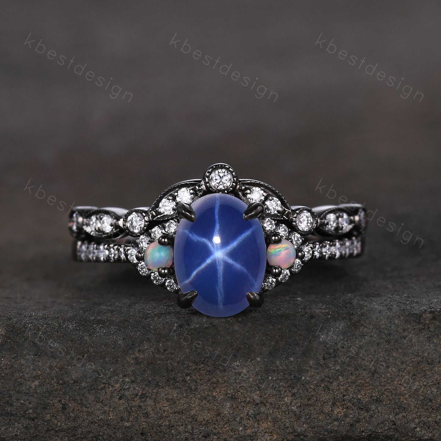 Gothic Black Gold Star Sapphire Engagement Ring Set, Black Gold Ring, Art Deco Oval Cut Bridal Set, Unique Rhodium Black Moissanite Ring