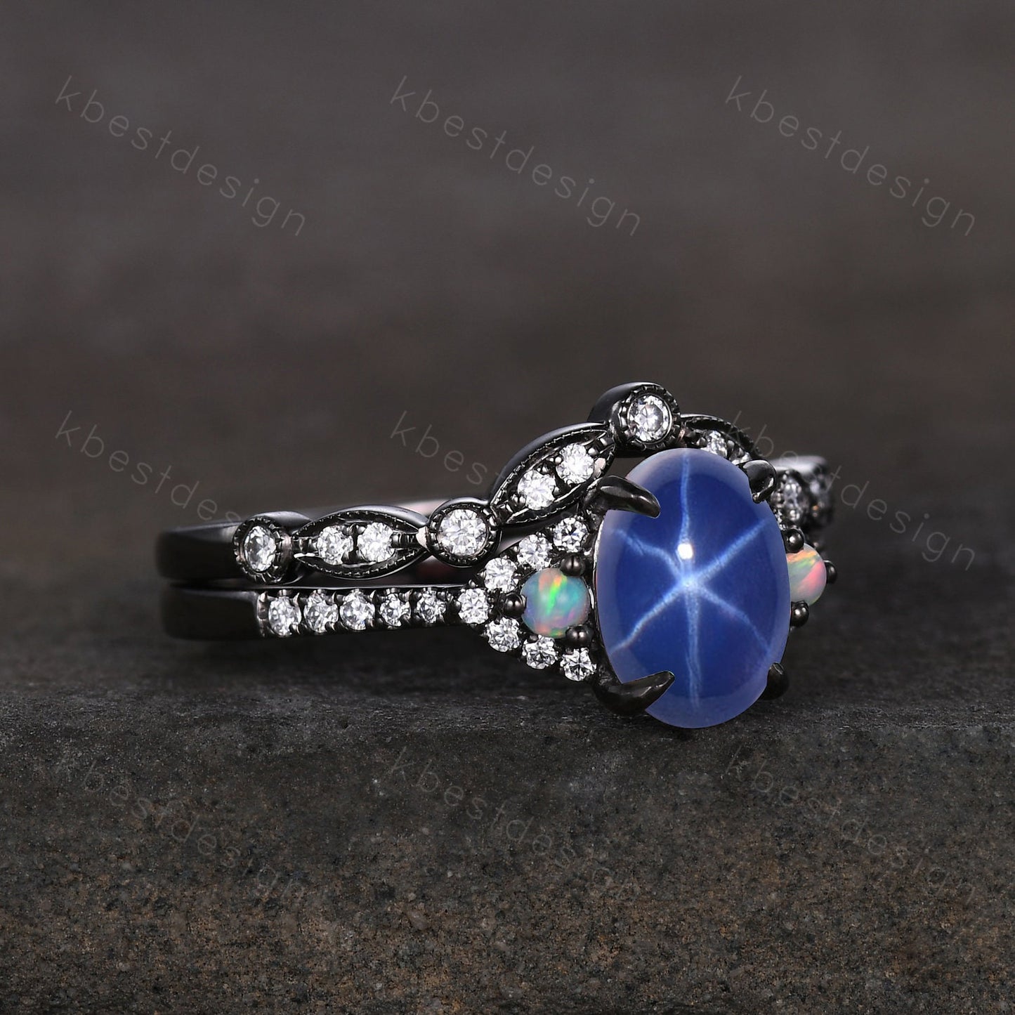 Gothic Black Gold Star Sapphire Engagement Ring Set, Black Gold Ring, Art Deco Oval Cut Bridal Set, Unique Rhodium Black Moissanite Ring