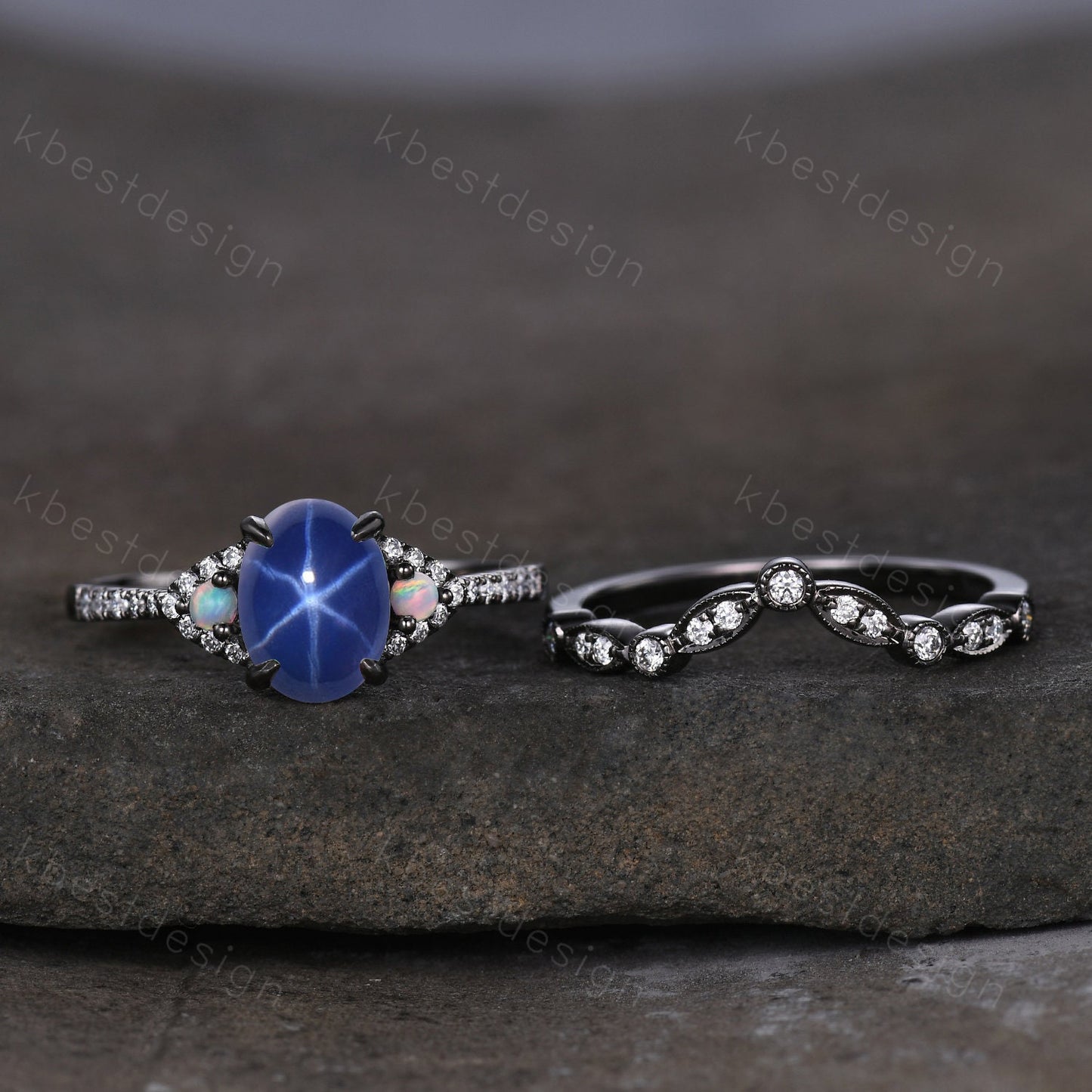 Gothic Black Gold Star Sapphire Engagement Ring Set, Black Gold Ring, Art Deco Oval Cut Bridal Set, Unique Rhodium Black Moissanite Ring