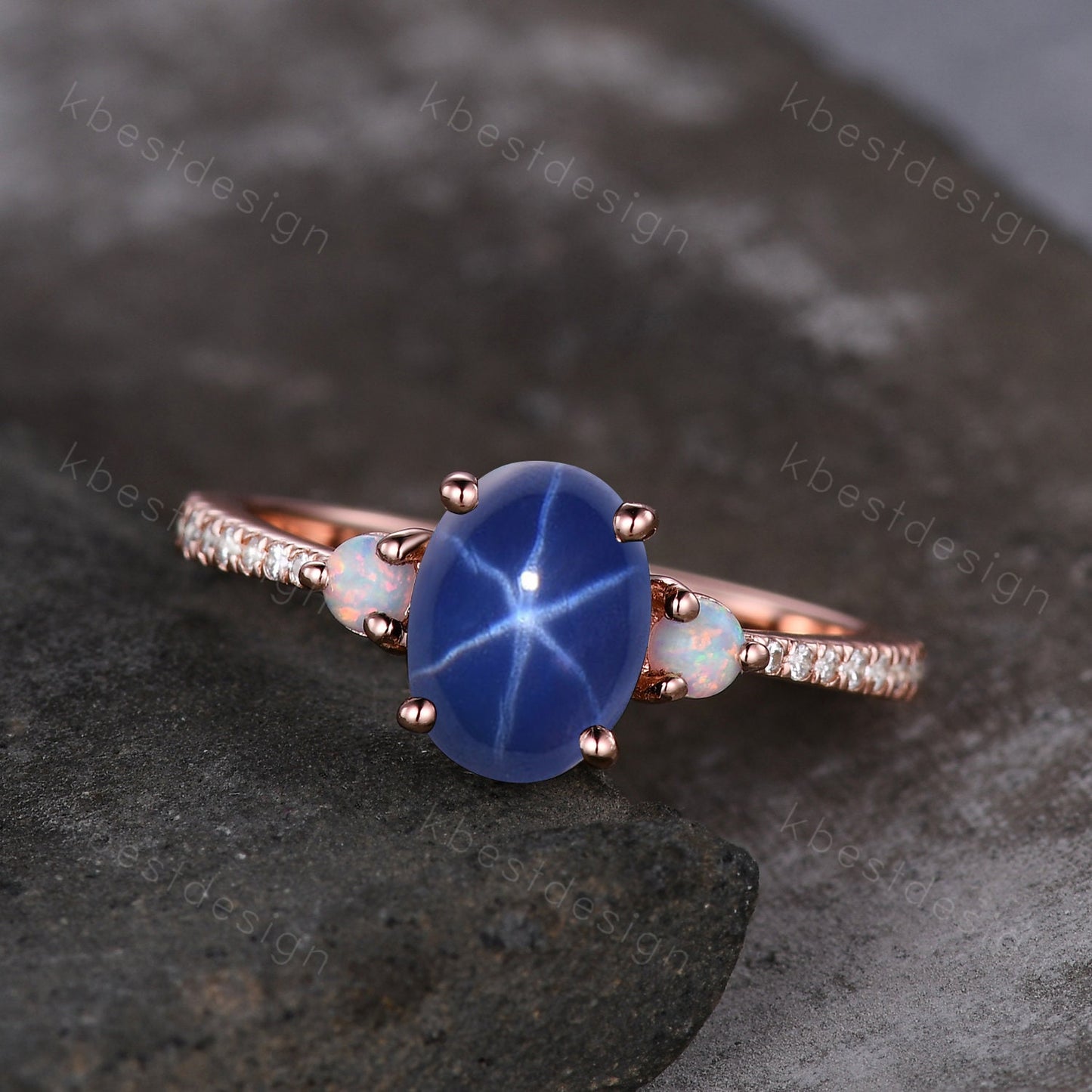 Star Sapphire Engagement Ring Oval Cut Galaxy Crystal Engagement Ring Rose Gold Opal Three stone Ring Unique Promise Ring September Ring