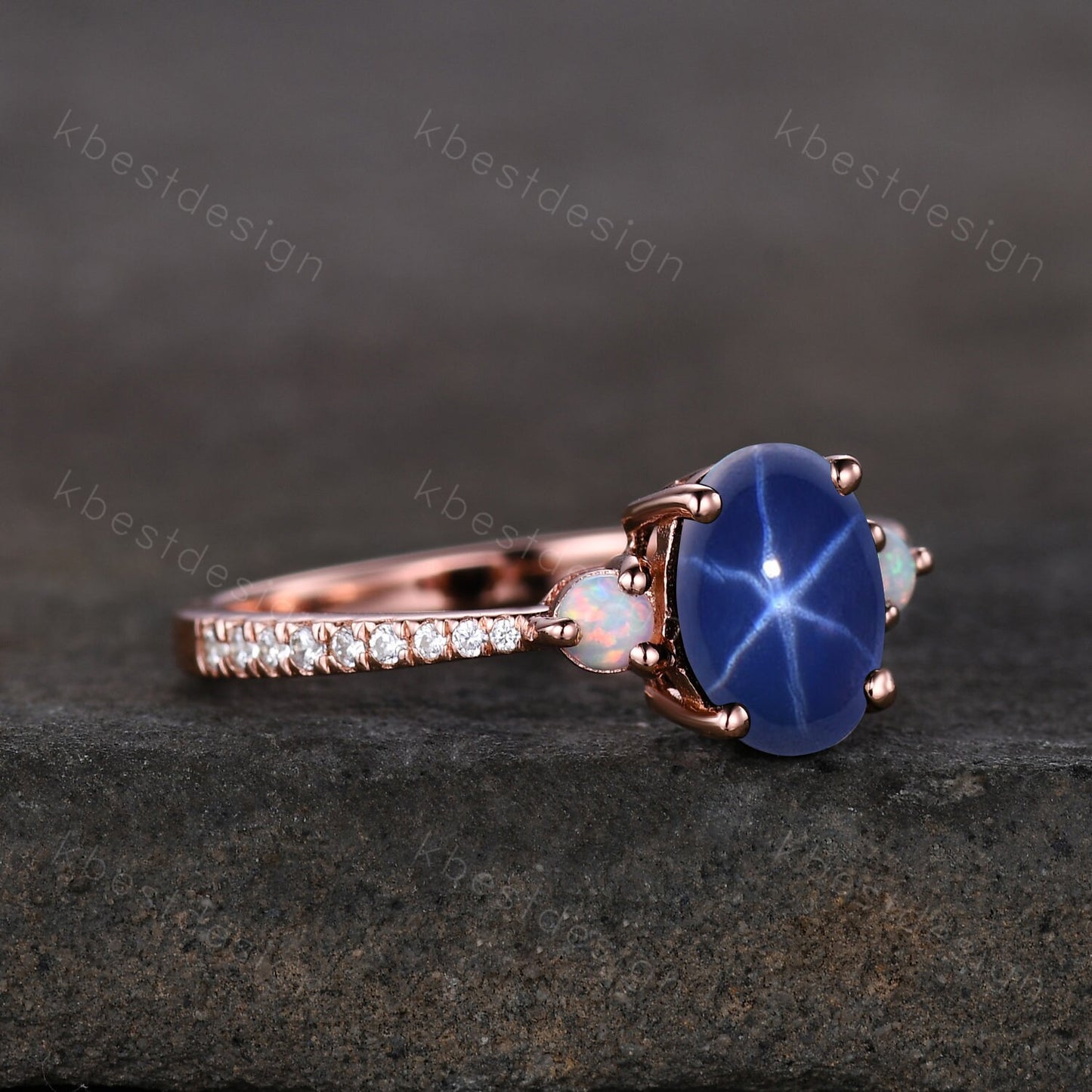 Star Sapphire Engagement Ring Oval Cut Galaxy Crystal Engagement Ring Rose Gold Opal Three stone Ring Unique Promise Ring September Ring